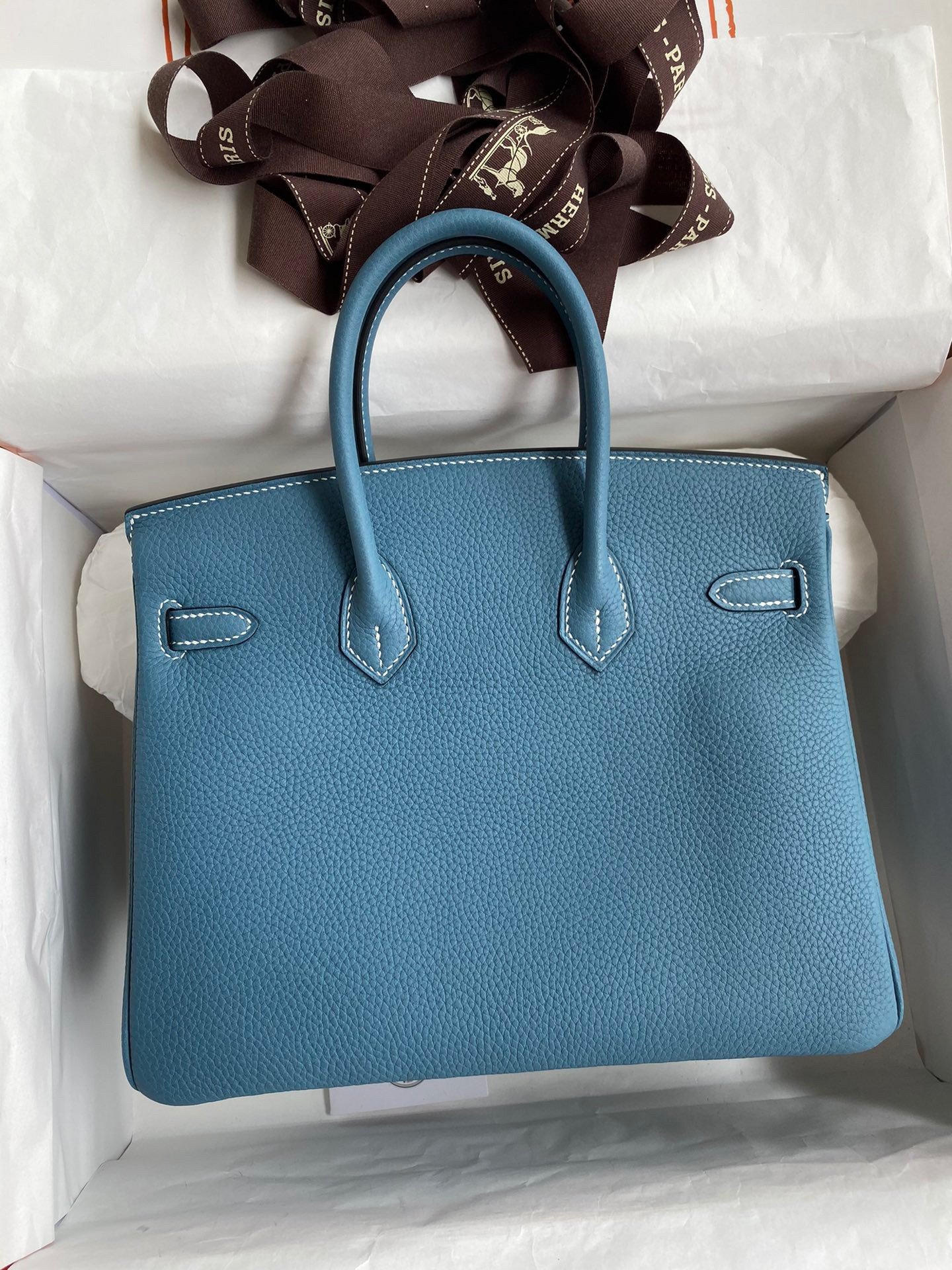 Hermes Birkin 25 Handmade Bag In Blue Jean Clemence Leather