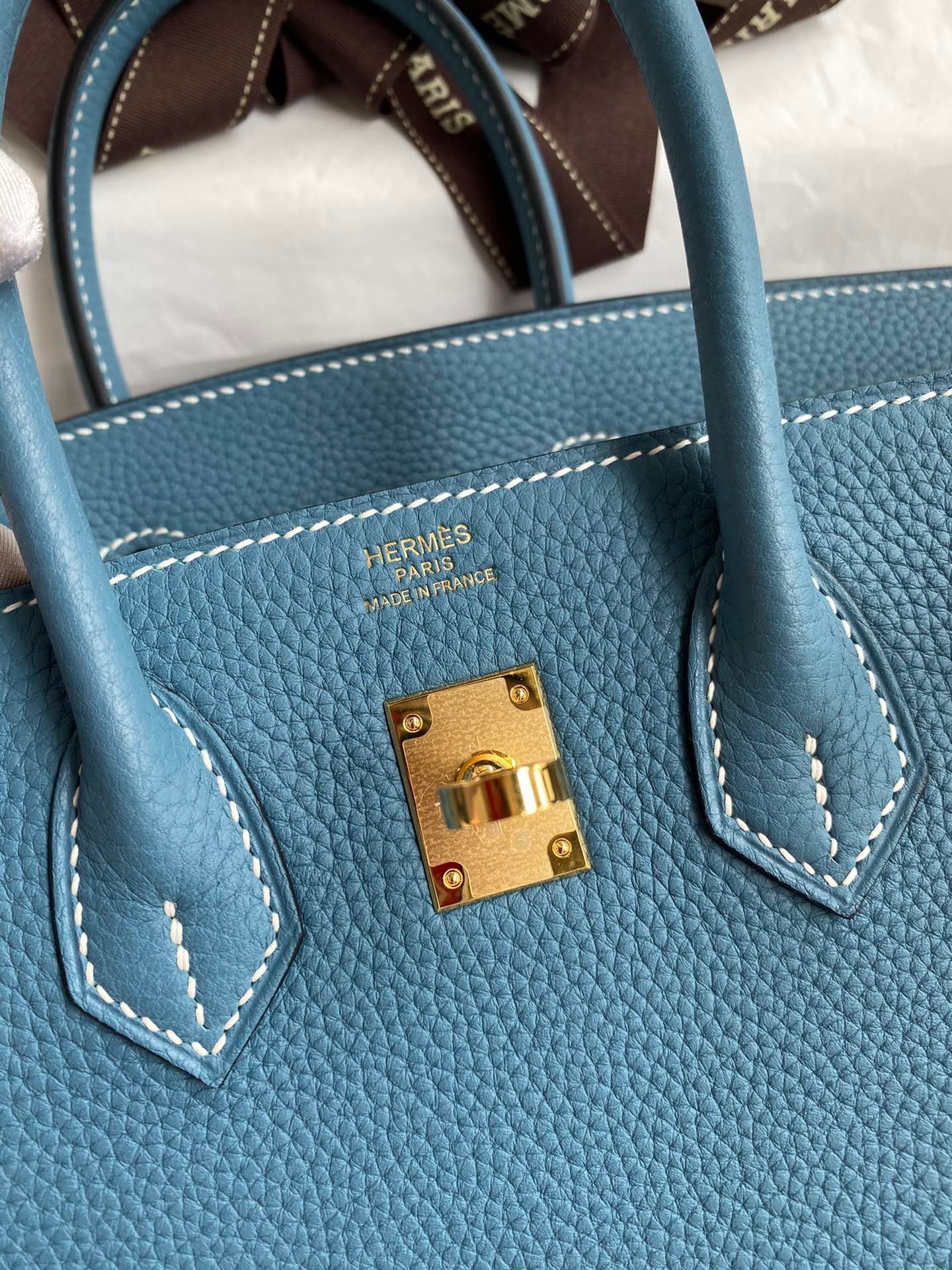 Hermes Birkin 25 Handmade Bag In Blue Jean Clemence Leather