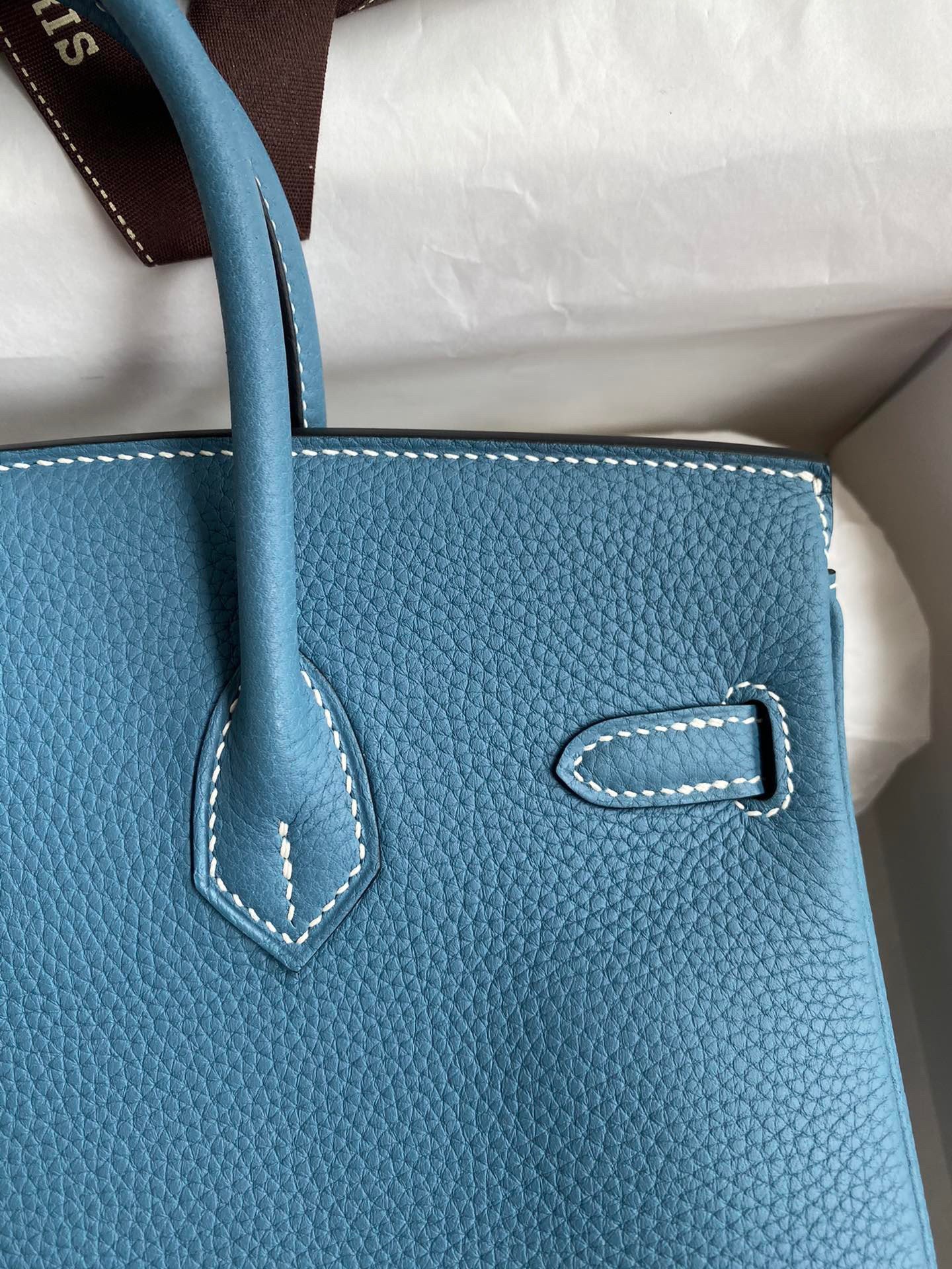 Hermes Birkin 25 Handmade Bag In Blue Jean Clemence Leather