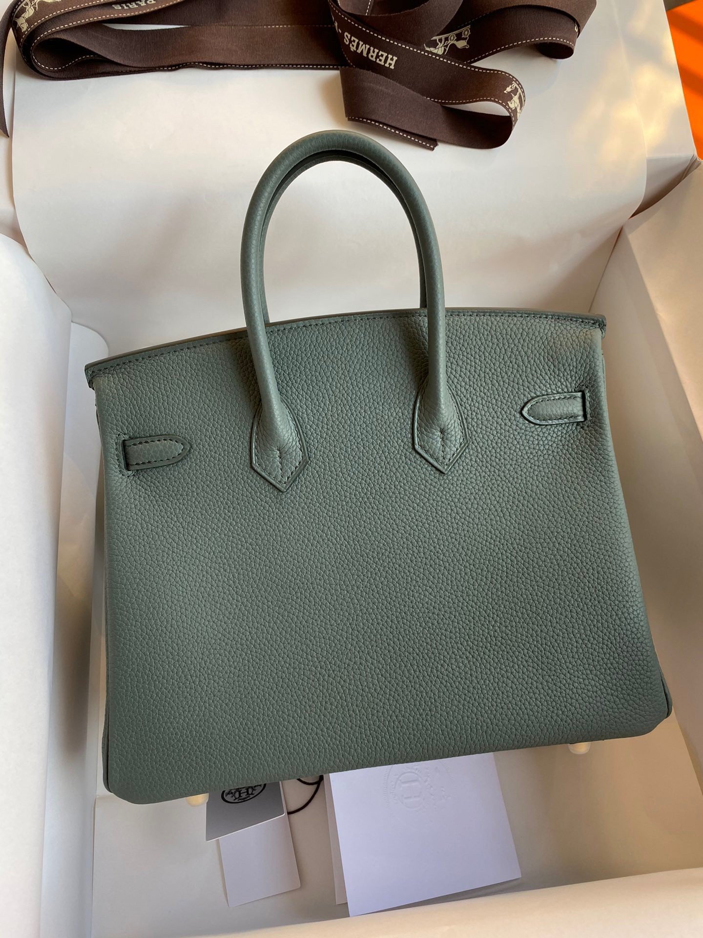 Hermes Birkin 25 Retourne Handmade Bag In Vert Amande Clemence Leather