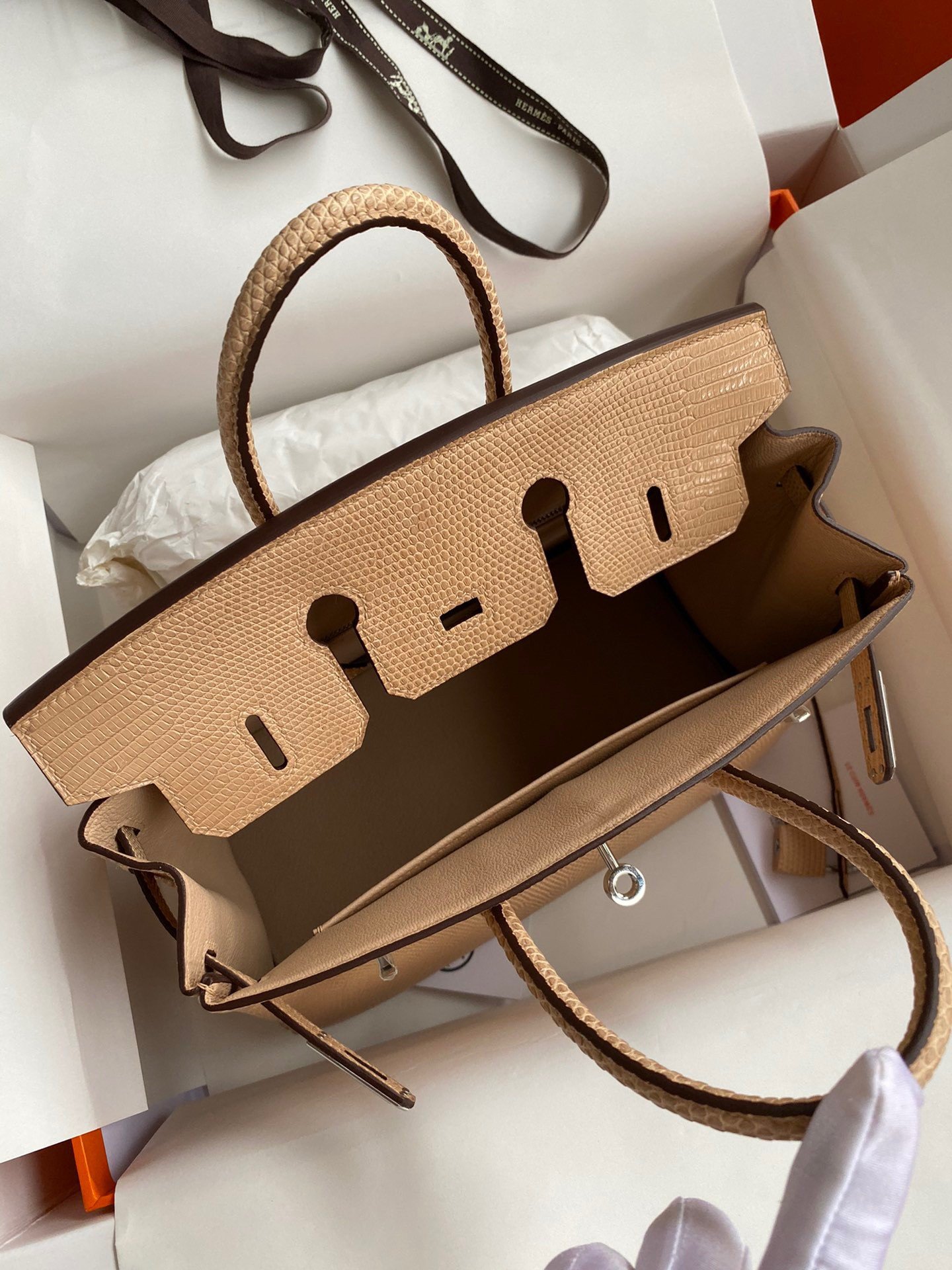 Hermes Birkin 25 Retourne Handmade Bag In Beige Lizard Leather