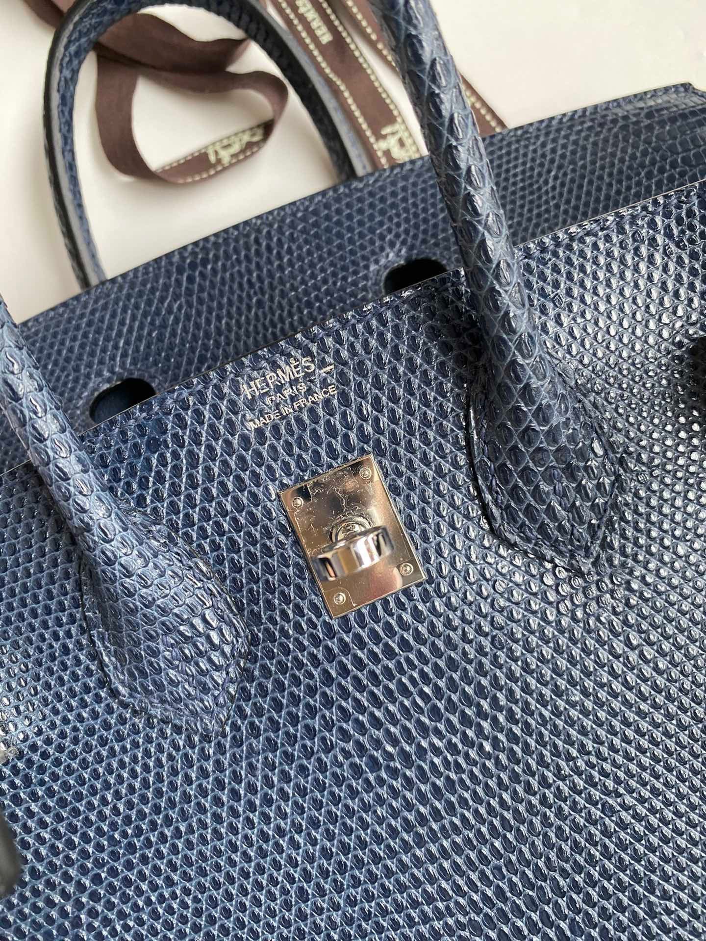 Hermes Birkin 25 Retourne Handmade Bag In Blue Saphir Lizard Leather