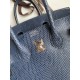 Hermes Birkin 25 Retourne Handmade Bag In Blue Saphir Lizard Leather