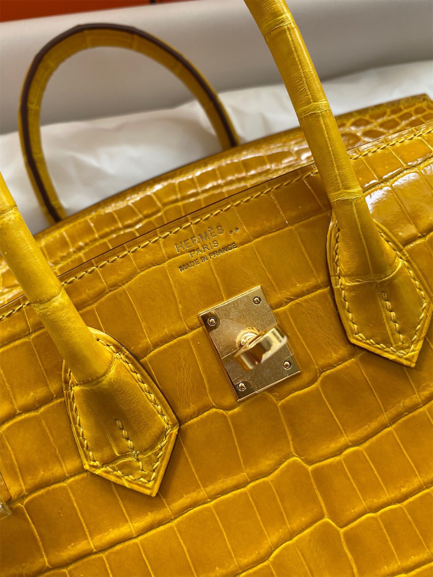 Hermes Birkin 25 Handmade Bag In Yellow Crocodile Niloticus Shiny Skin