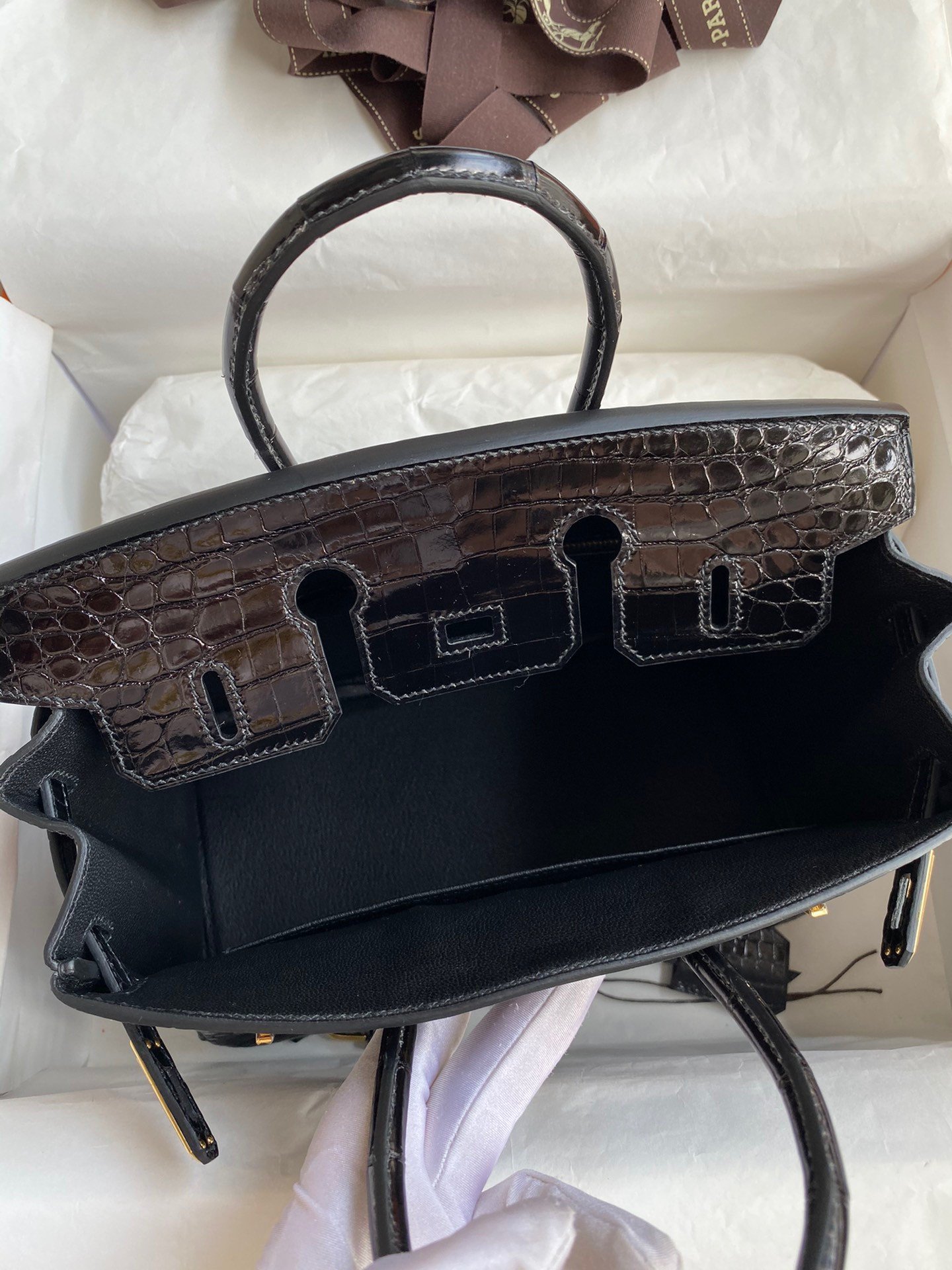 Hermes Birkin 25 Handmade Bag In Black Crocodile Niloticus Shiny Skin