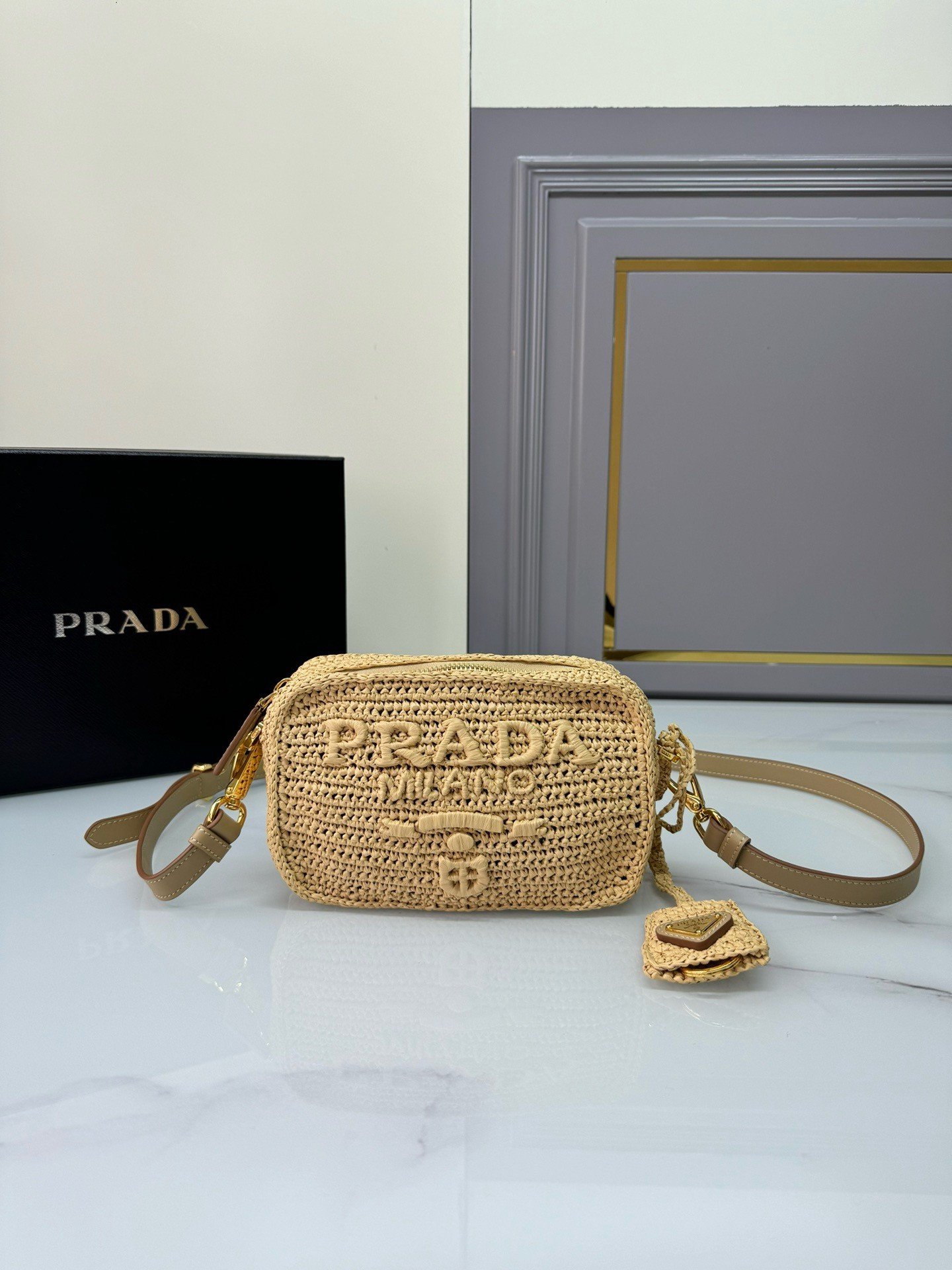 Prada Crochet Shoulder Bag in Natural Raffia-effect Yarn