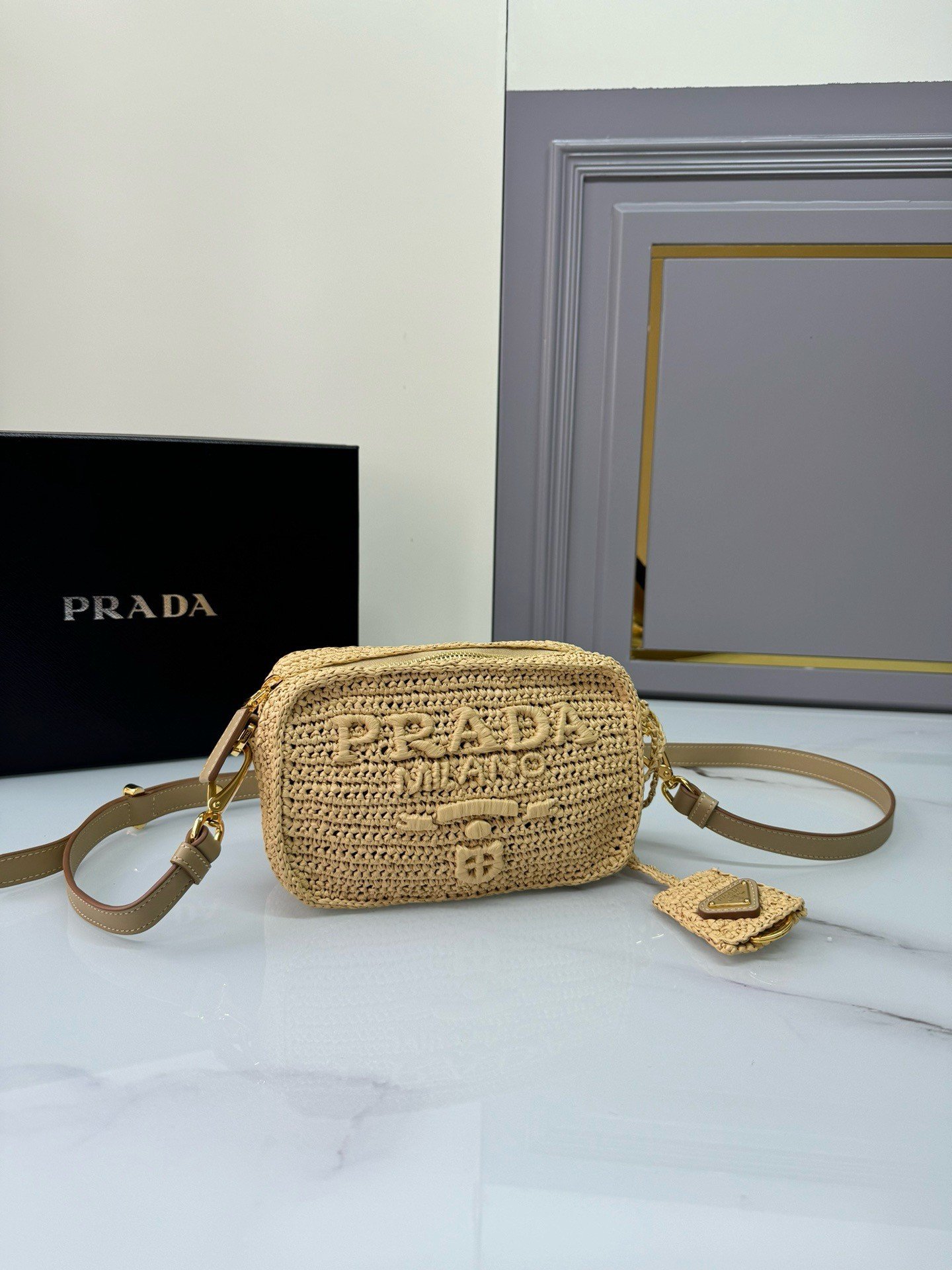 Prada Crochet Shoulder Bag in Natural Raffia-effect Yarn