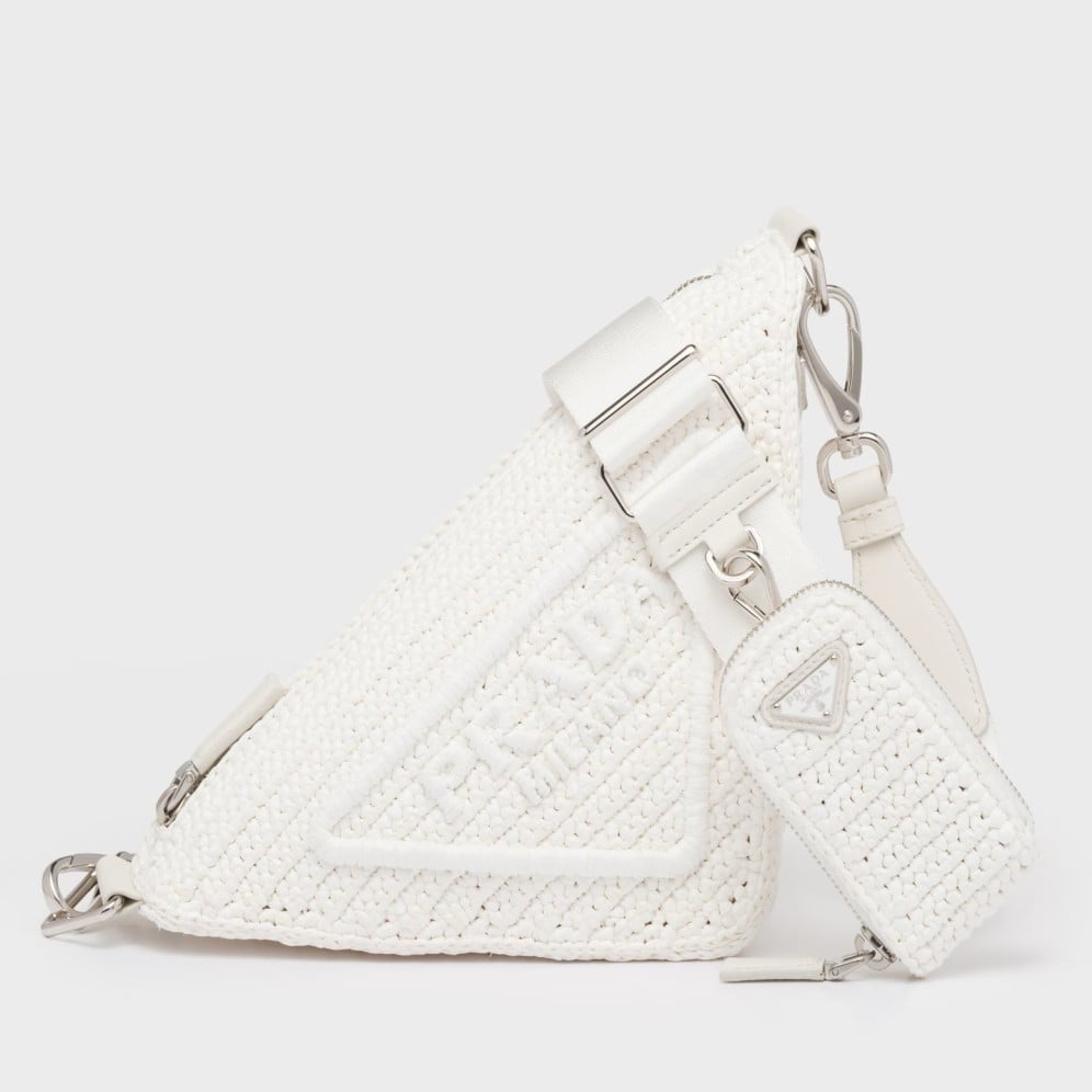 Prada Triangle Crochet Bag in White Raffia-effect Yarn