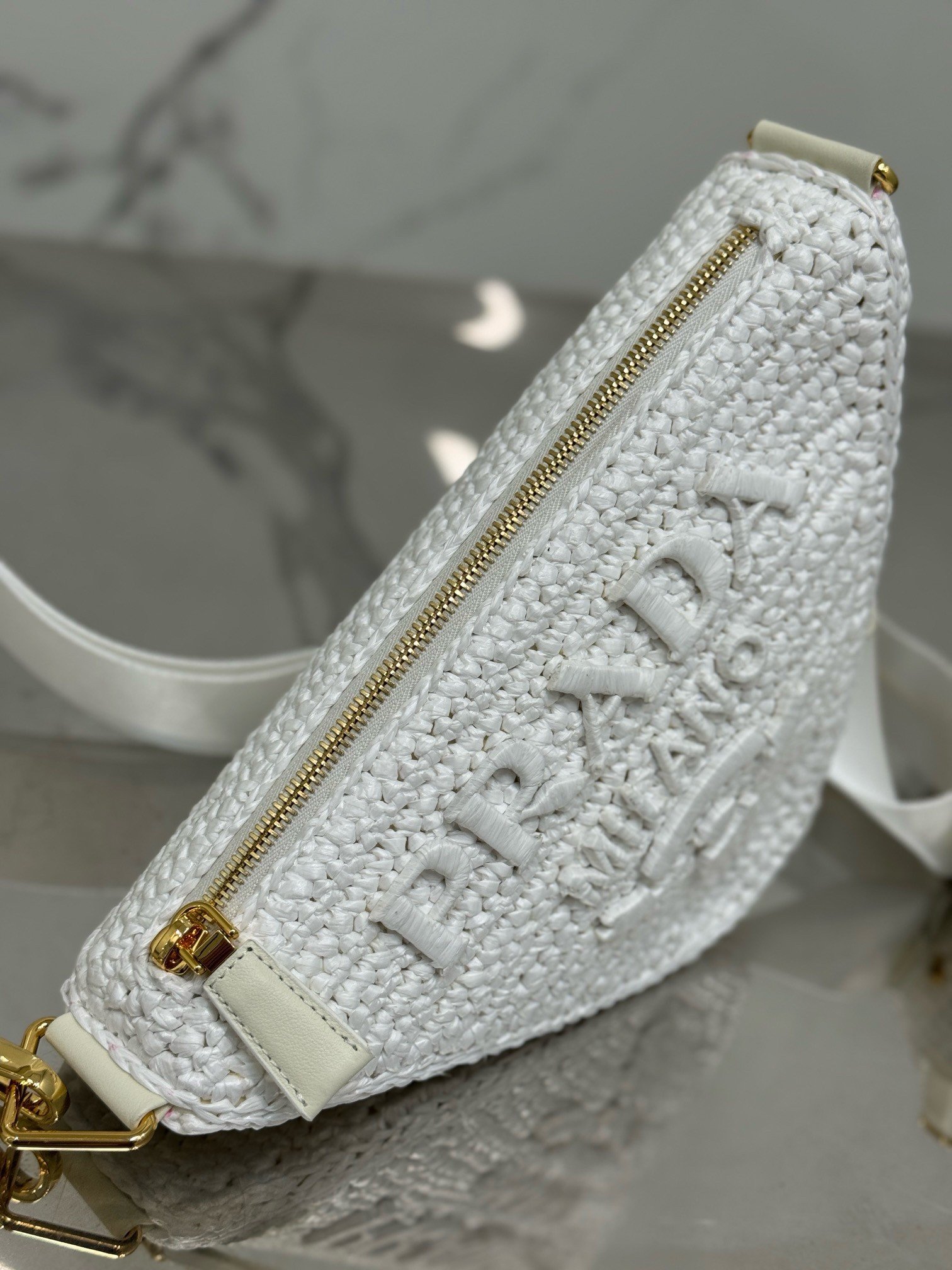 Prada Triangle Crochet Bag in White Raffia-effect Yarn