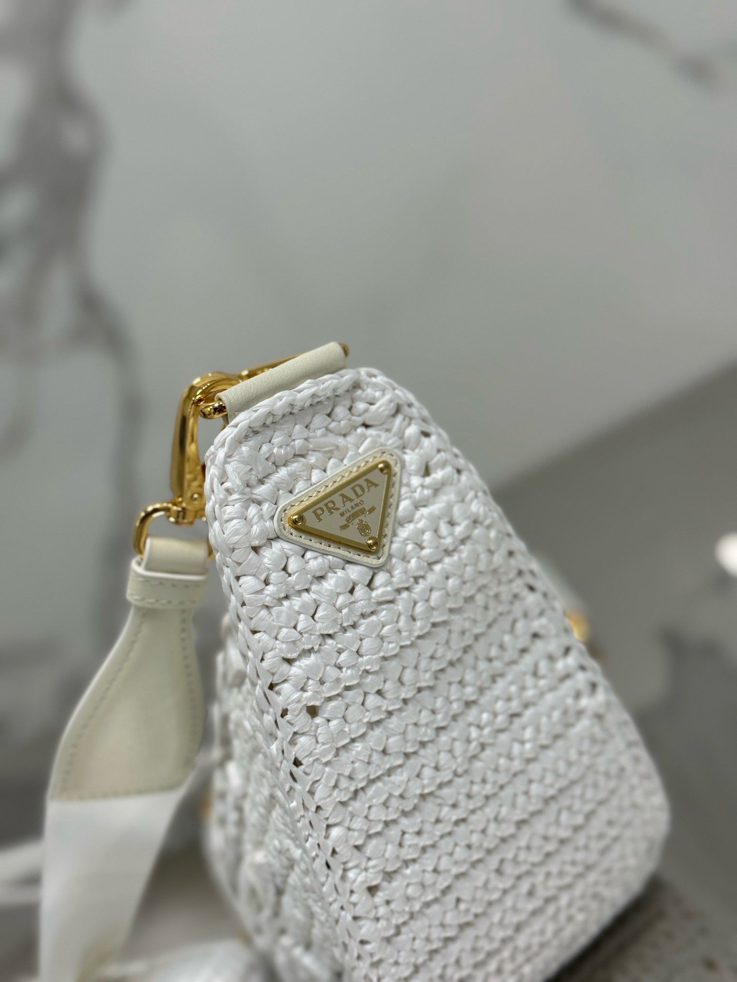 Prada Triangle Crochet Bag in White Raffia-effect Yarn