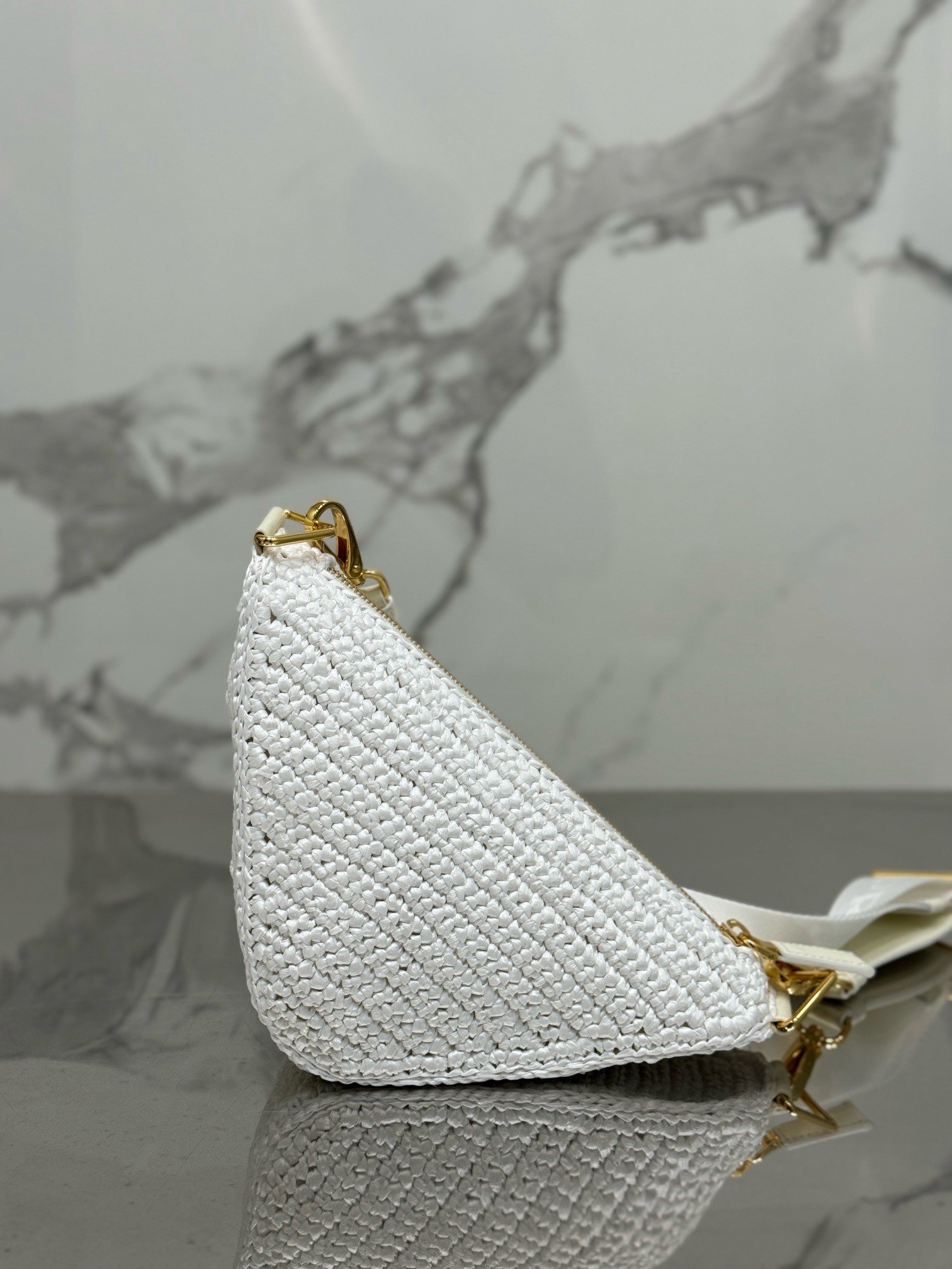 Prada Triangle Crochet Bag in White Raffia-effect Yarn