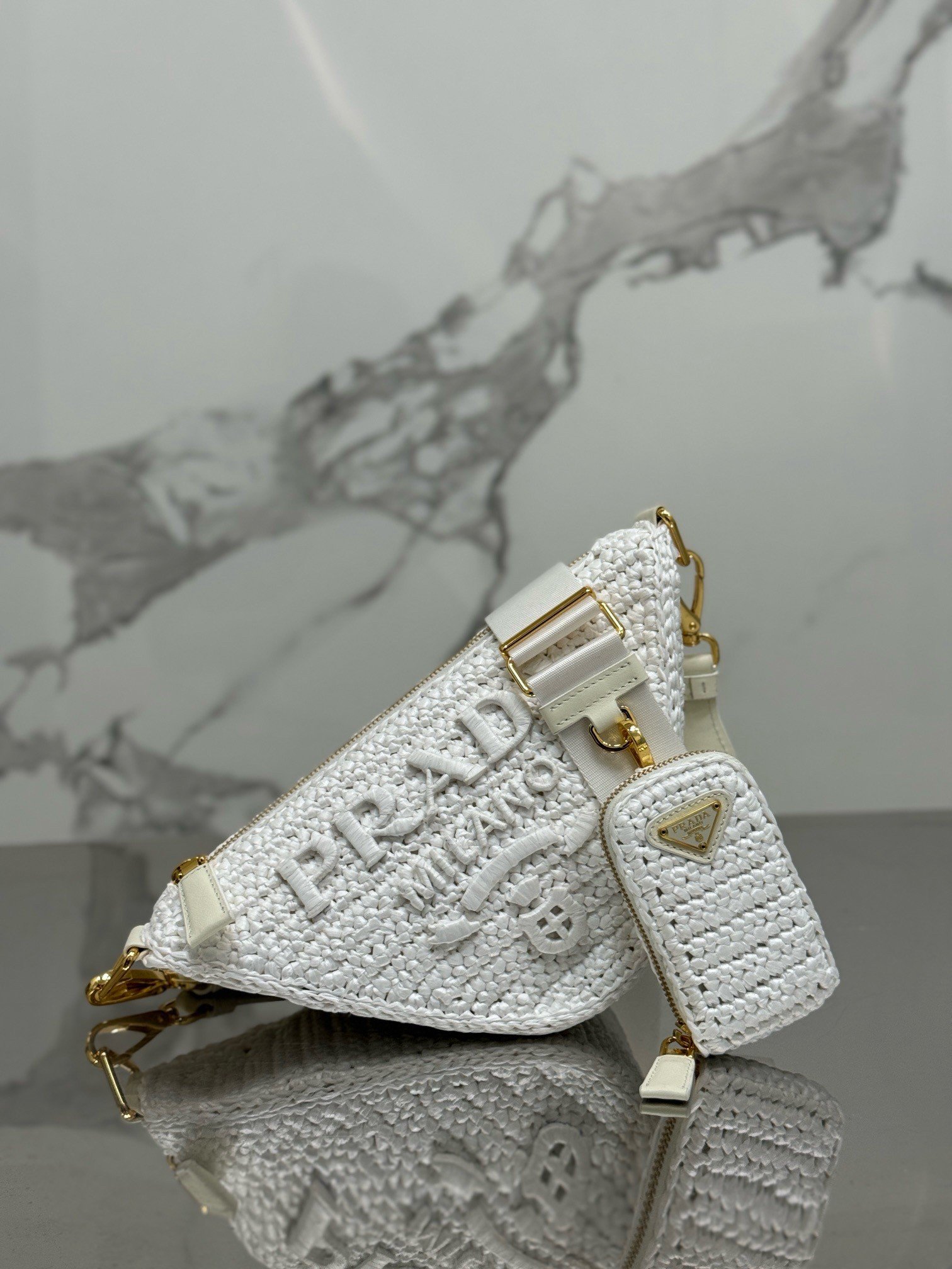 Prada Triangle Crochet Bag in White Raffia-effect Yarn