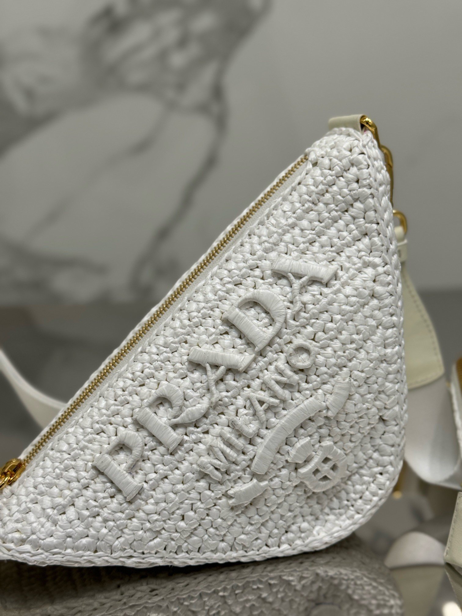 Prada Triangle Crochet Bag in White Raffia-effect Yarn