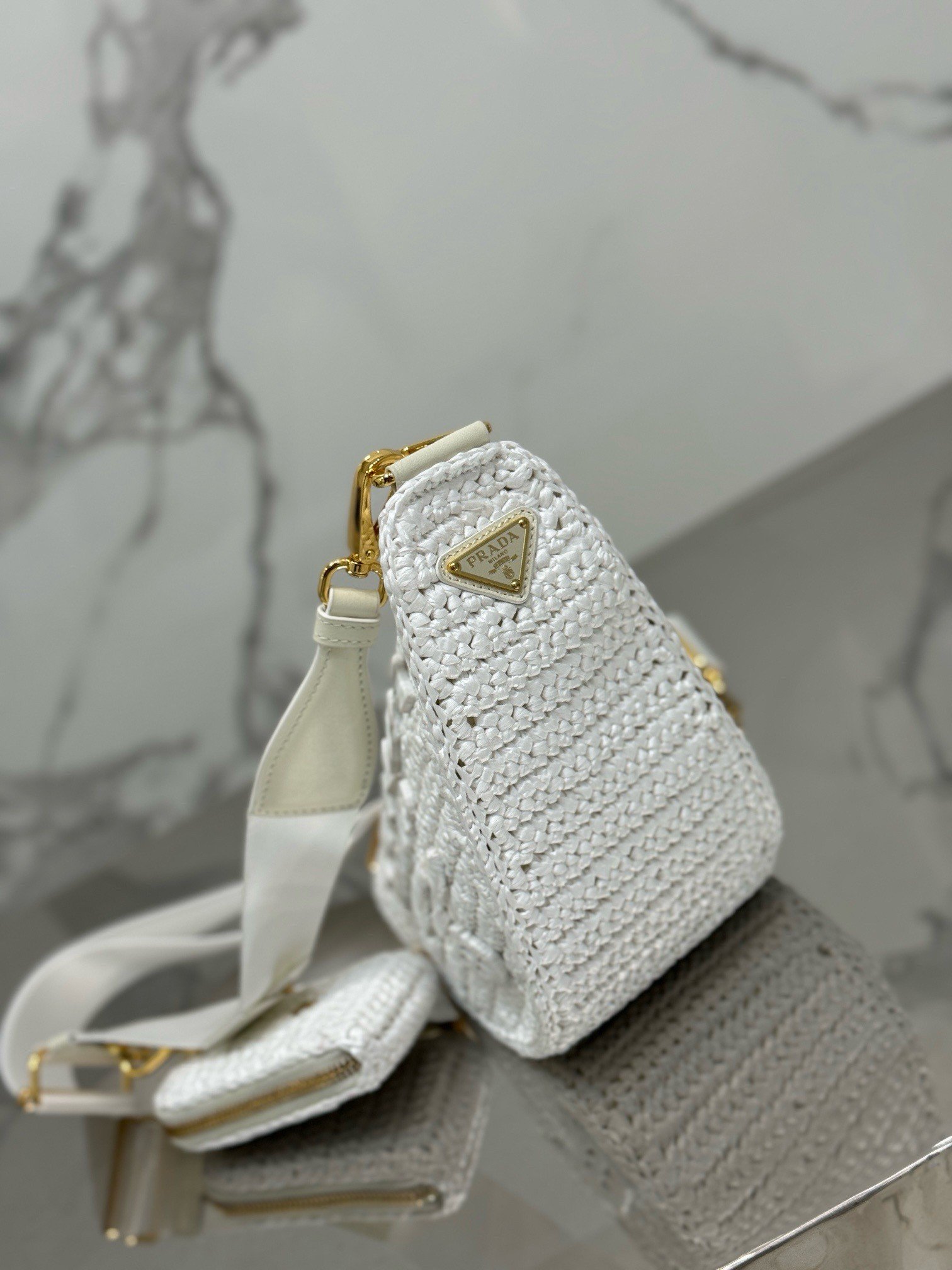 Prada Triangle Crochet Bag in White Raffia-effect Yarn