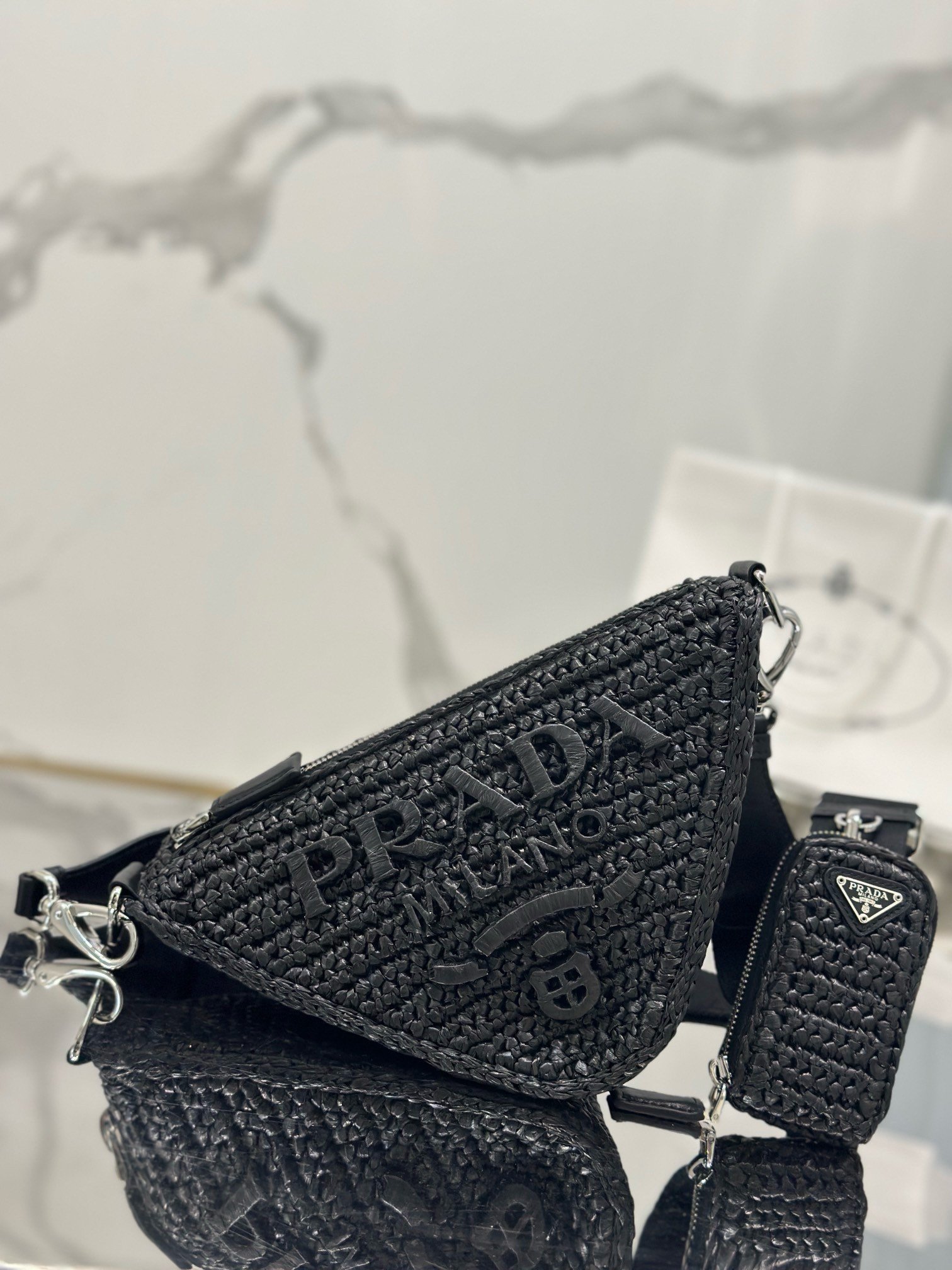 Prada Triangle Crochet Bag in Black Raffia-effect Yarn