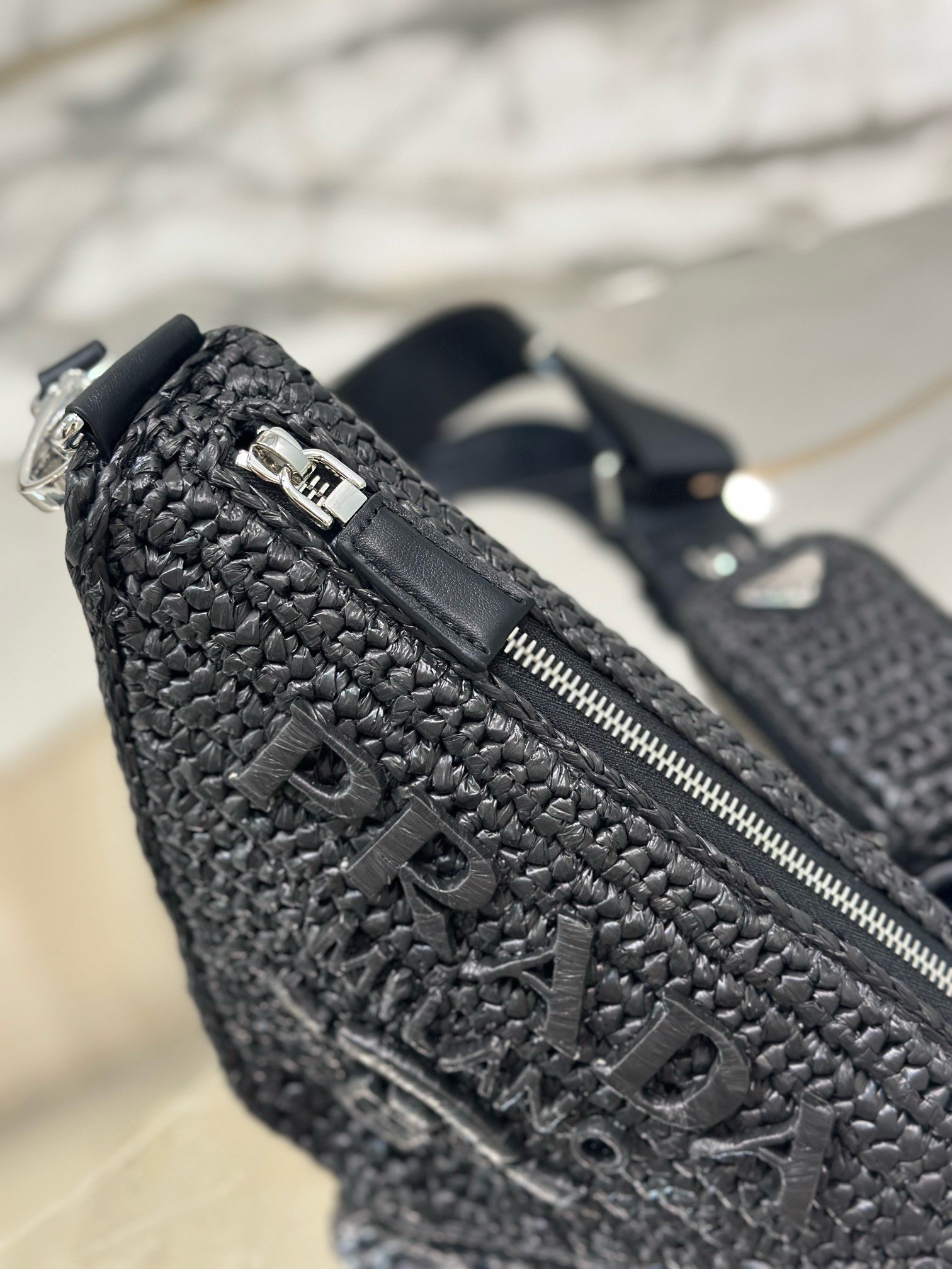 Prada Triangle Crochet Bag in Black Raffia-effect Yarn