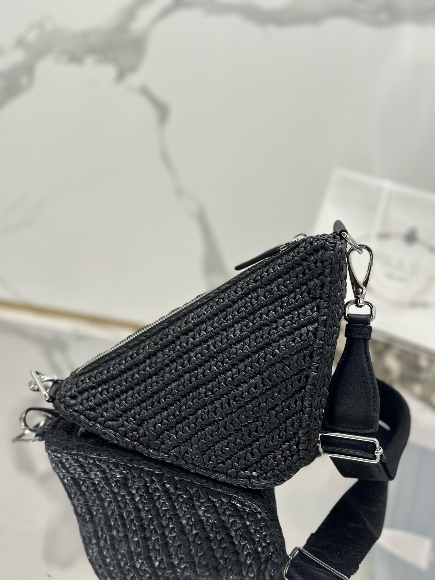 Prada Triangle Crochet Bag in Black Raffia-effect Yarn