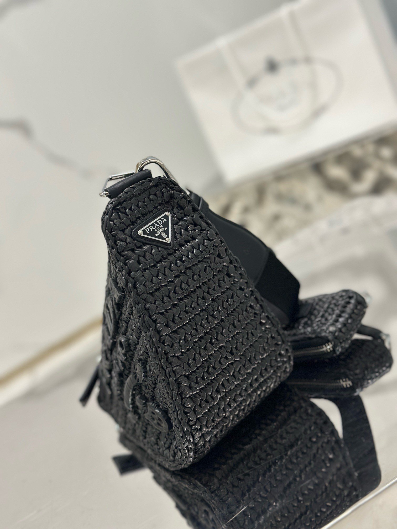 Prada Triangle Crochet Bag in Black Raffia-effect Yarn