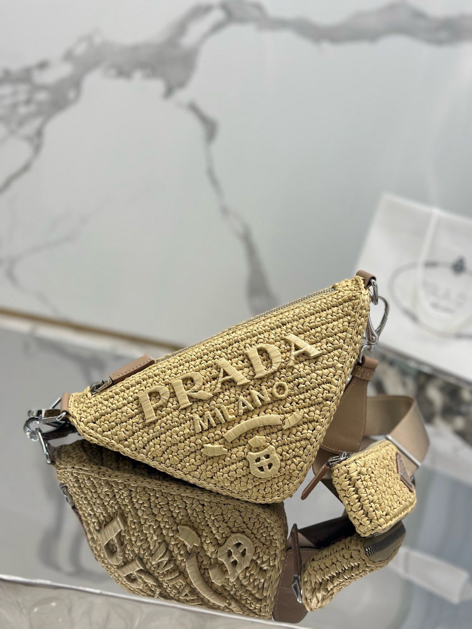 Prada Triangle Crochet Bag in Beige Raffia-effect Yarn