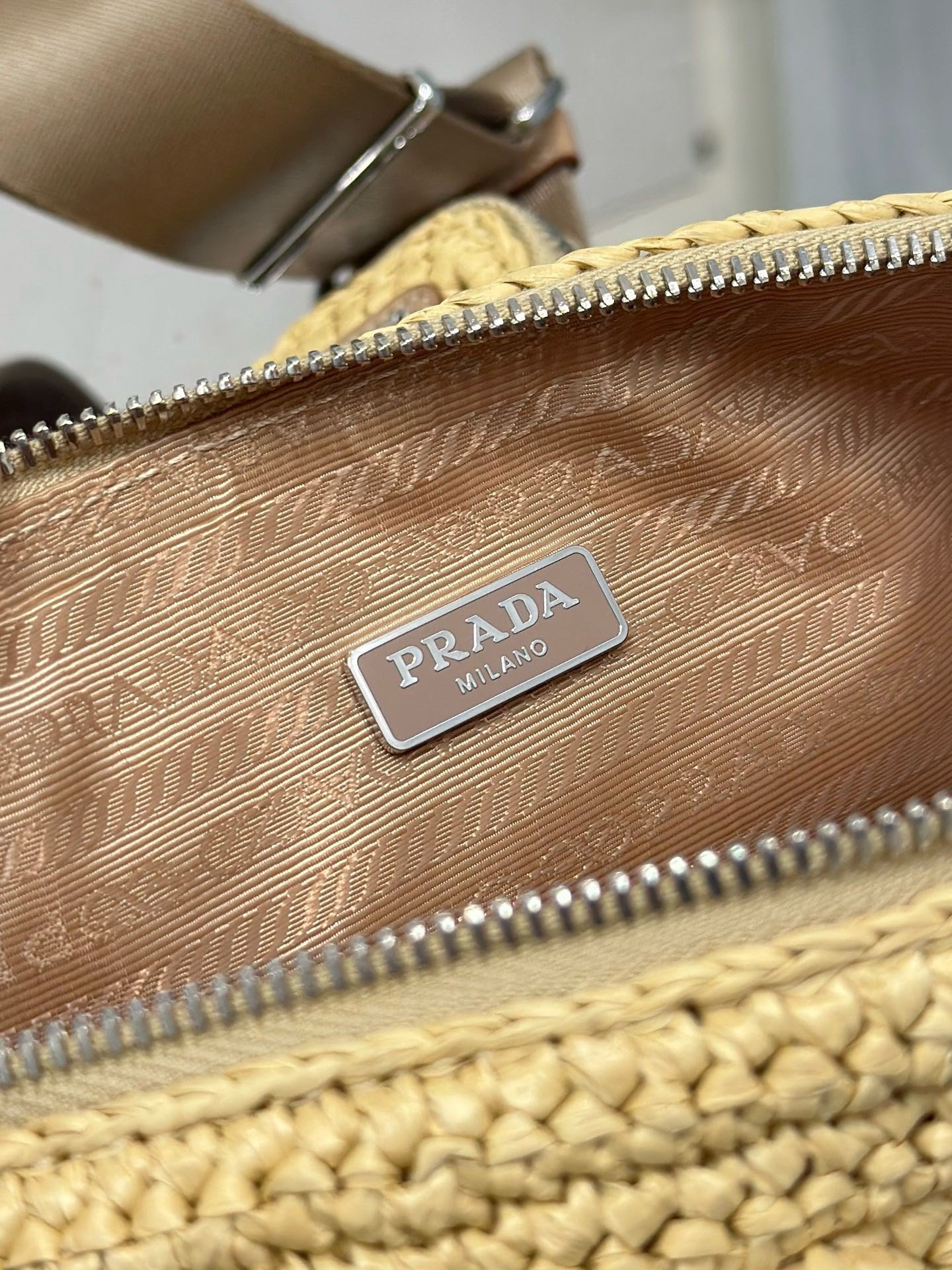 Prada Triangle Crochet Bag in Beige Raffia-effect Yarn