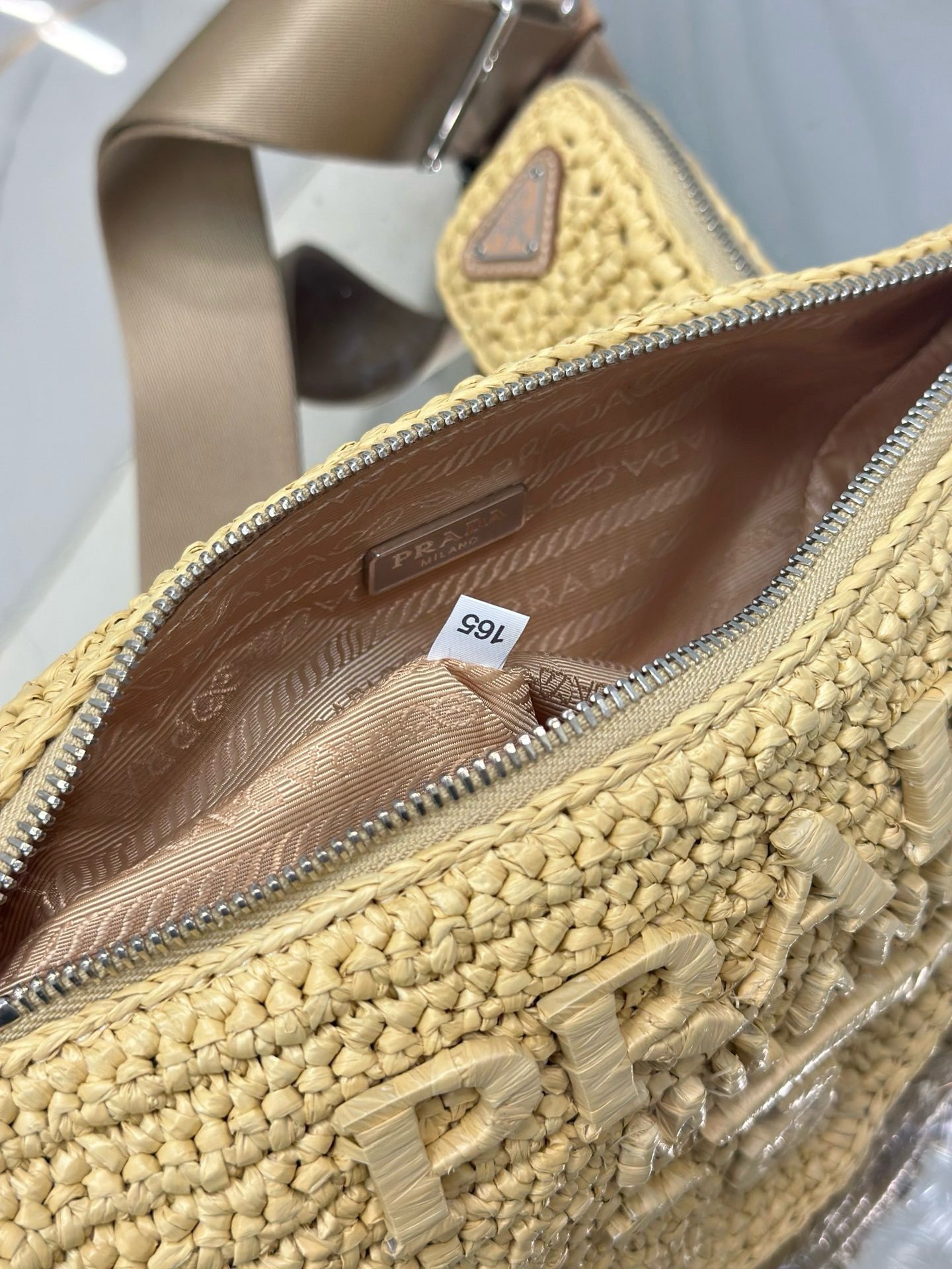 Prada Triangle Crochet Bag in Beige Raffia-effect Yarn