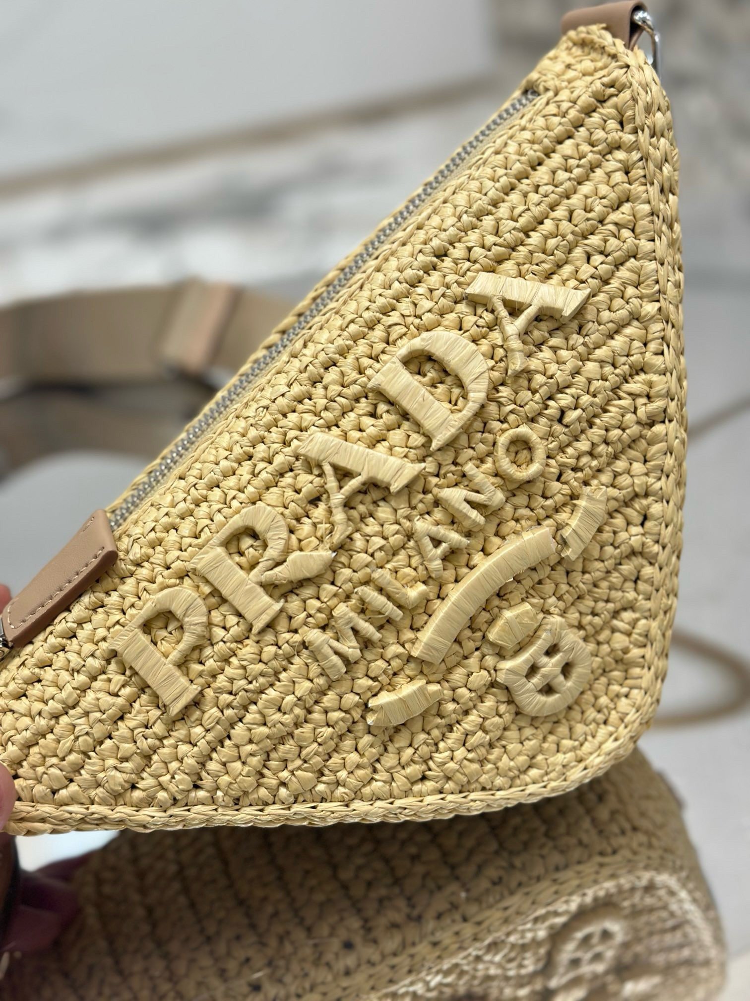 Prada Triangle Crochet Bag in Beige Raffia-effect Yarn