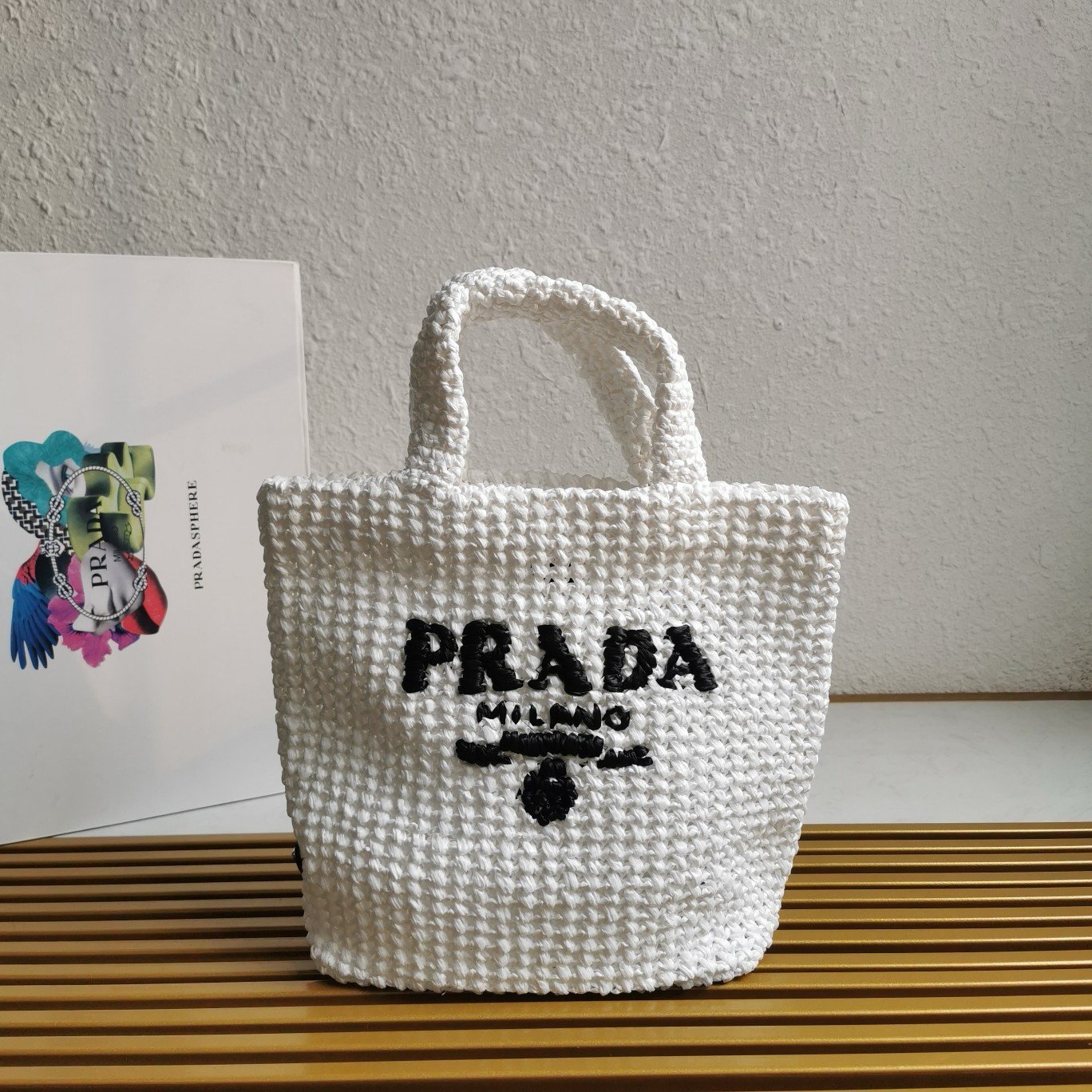 Prada Small Crochet Tote Bag in White Raffia-effect Yarn