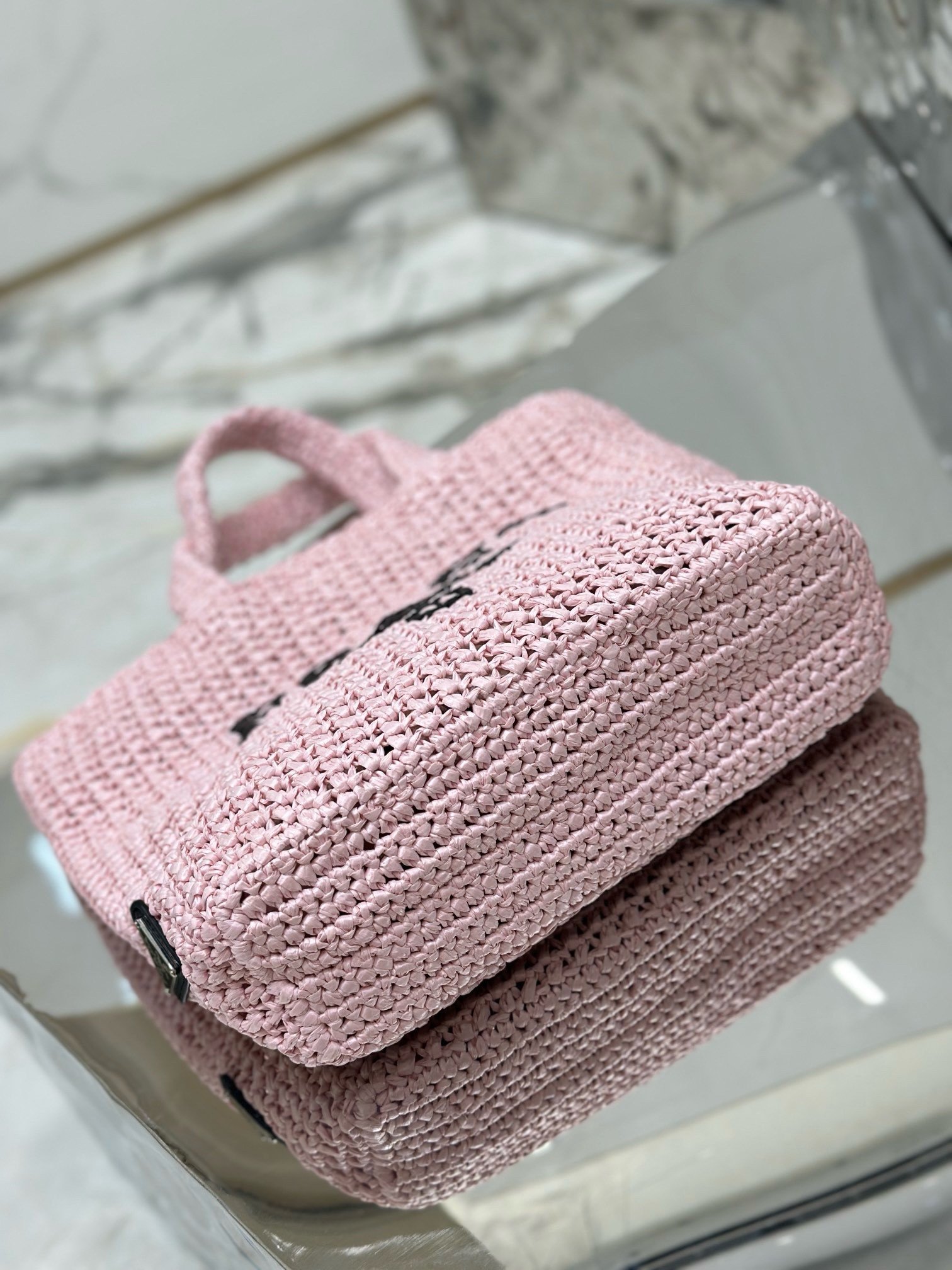 Prada Small Crochet Tote Bag in Pink Raffia-effect Yarn