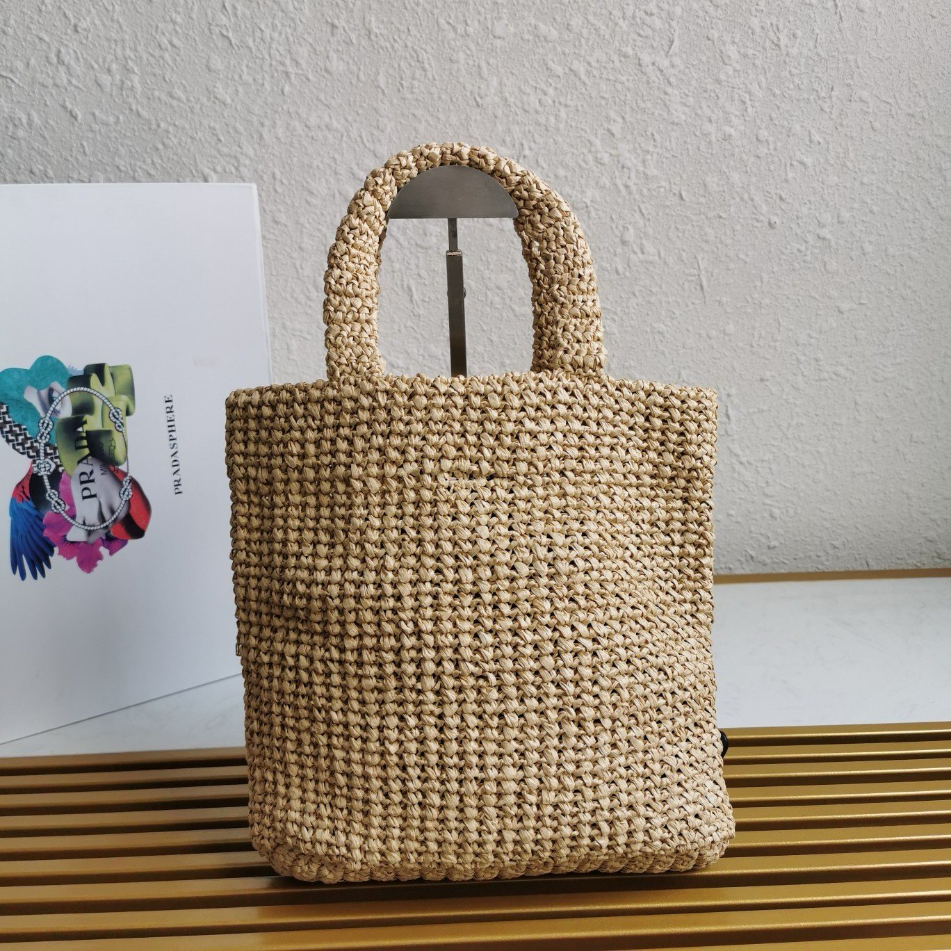 Prada Small Crochet Tote Bag in Beige Raffia-effect Yarn