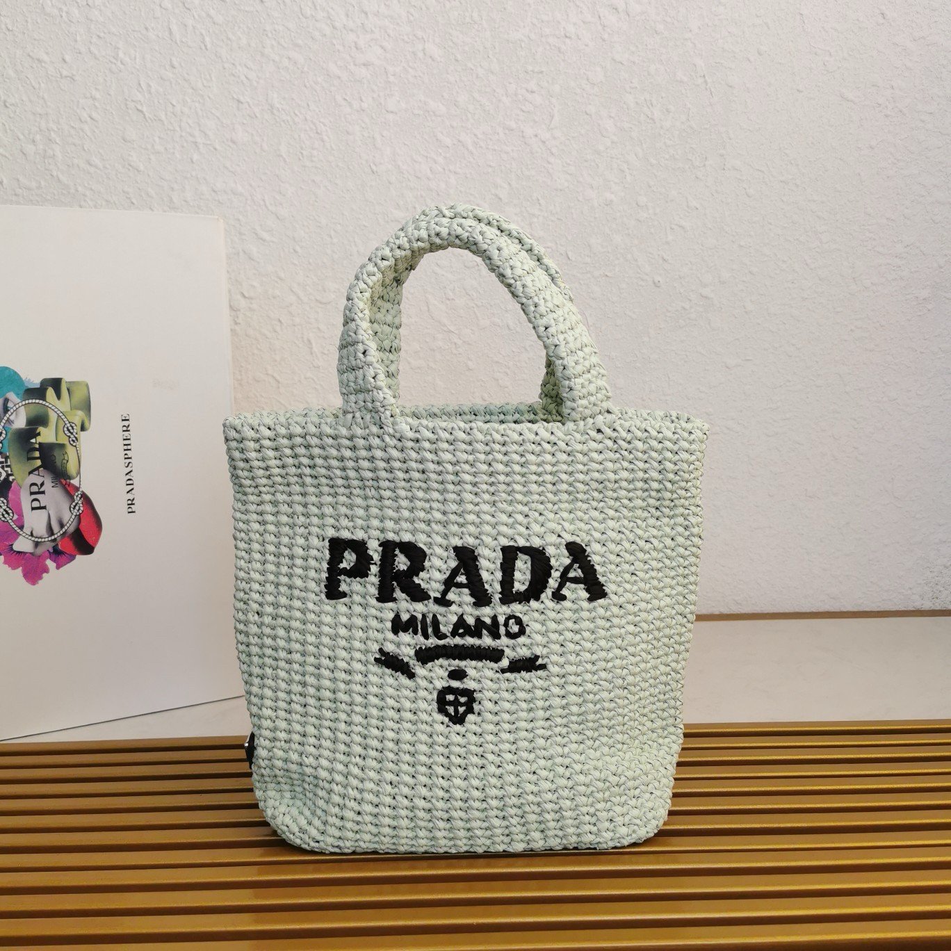 Prada Small Crochet Tote Bag in Aqua Raffia-effect Yarn