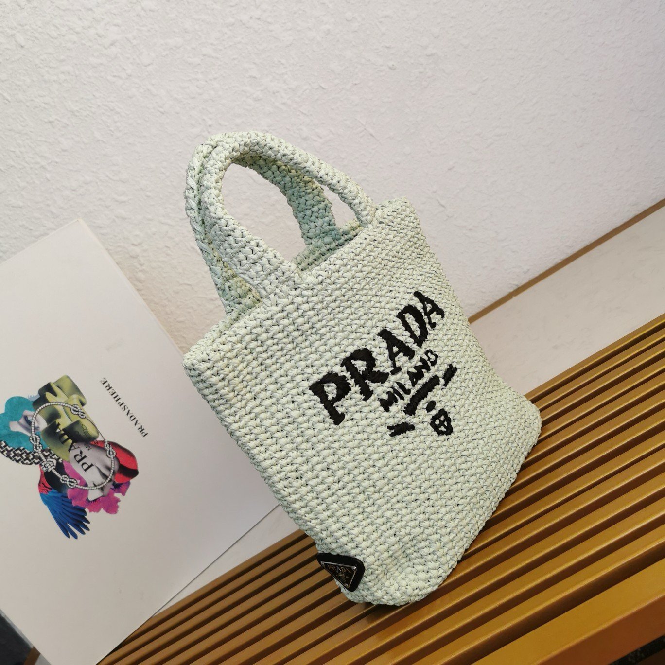 Prada Small Crochet Tote Bag in Aqua Raffia-effect Yarn