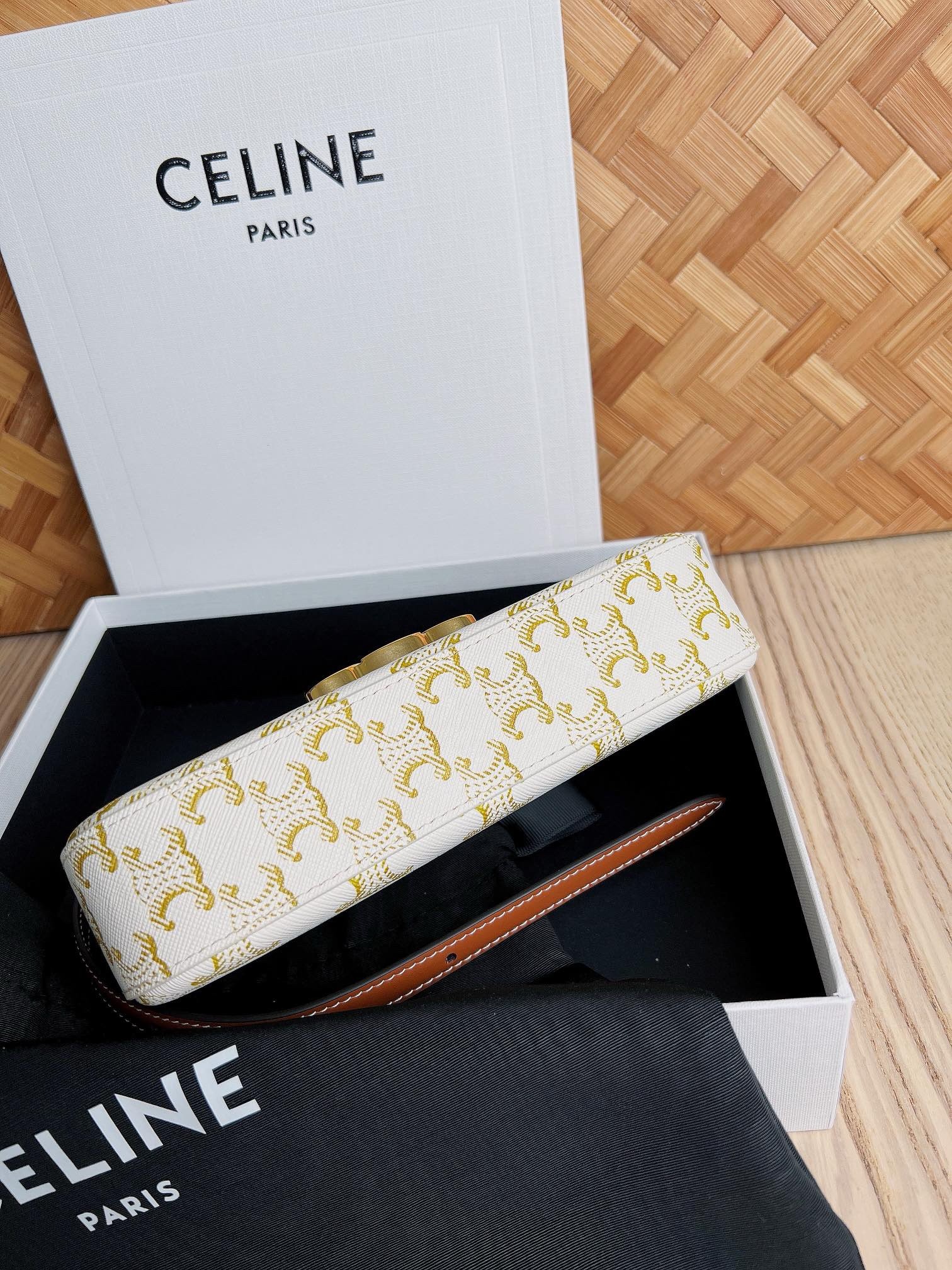 Celine Claude Shoulder Bag in White Triomphe Canvas