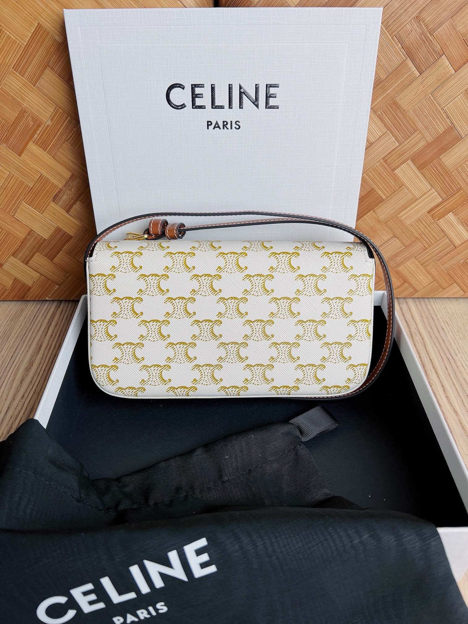 Celine Claude Shoulder Bag in White Triomphe Canvas