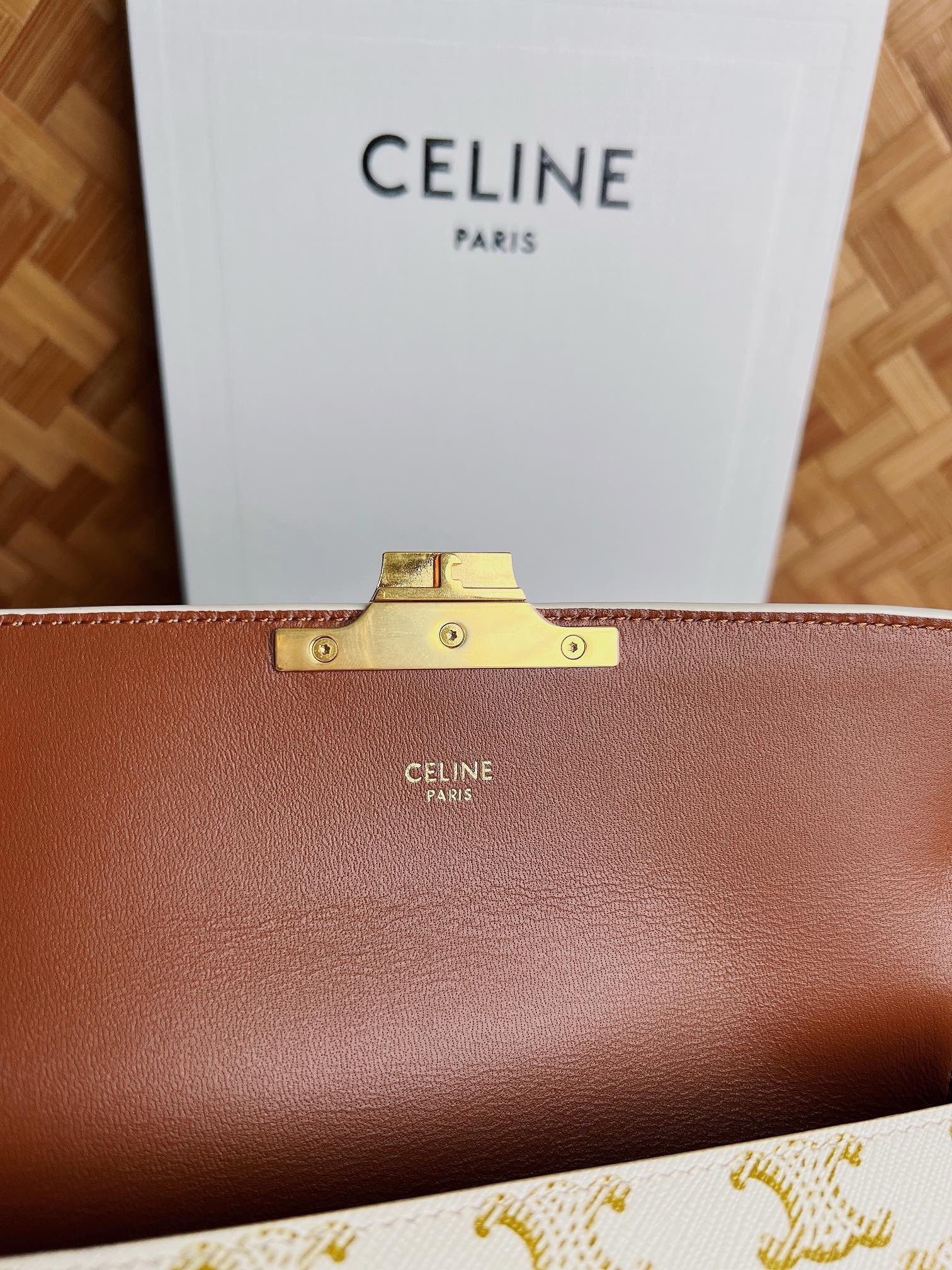 Celine Claude Shoulder Bag in White Triomphe Canvas