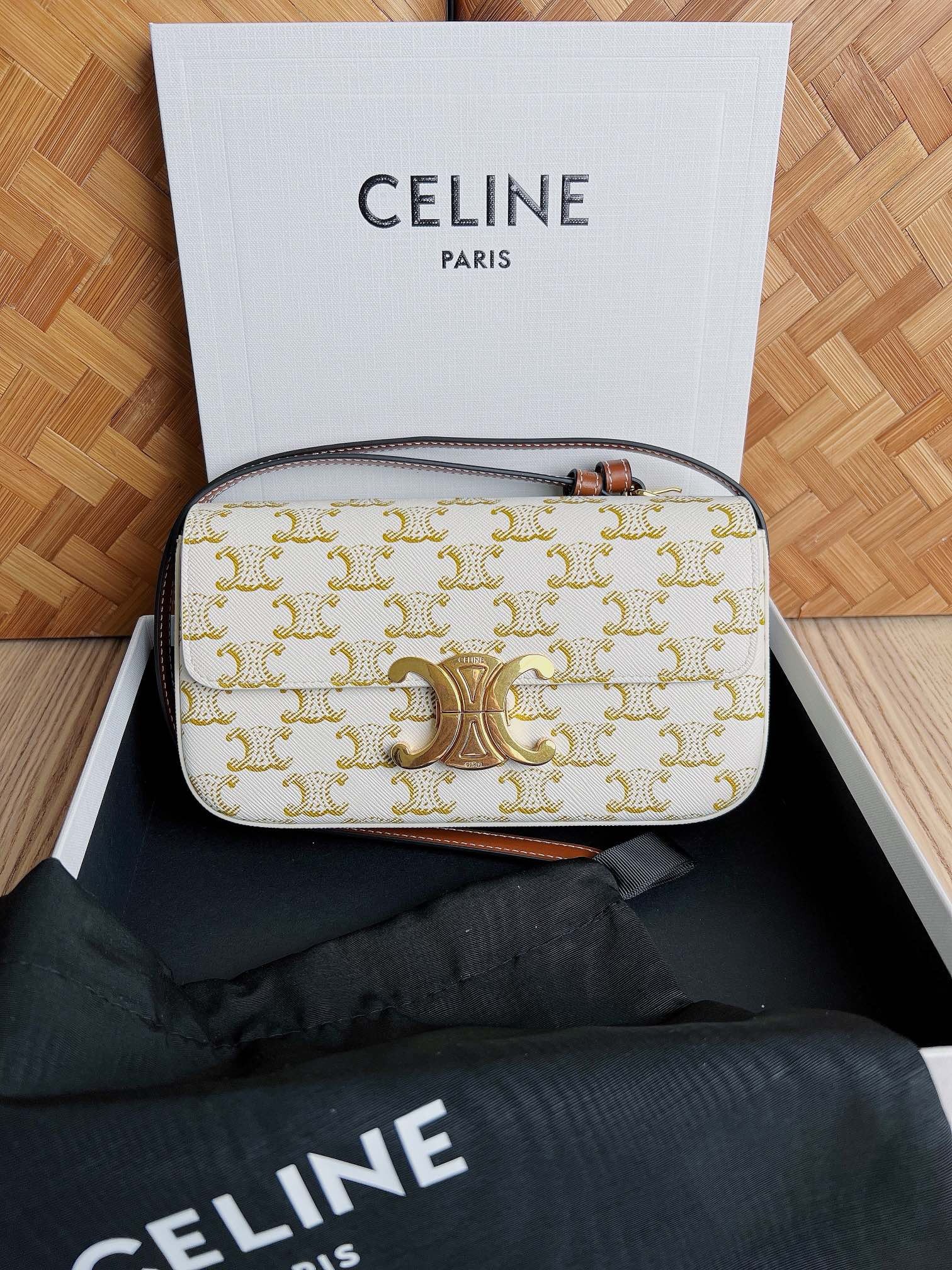 Celine Claude Shoulder Bag in White Triomphe Canvas