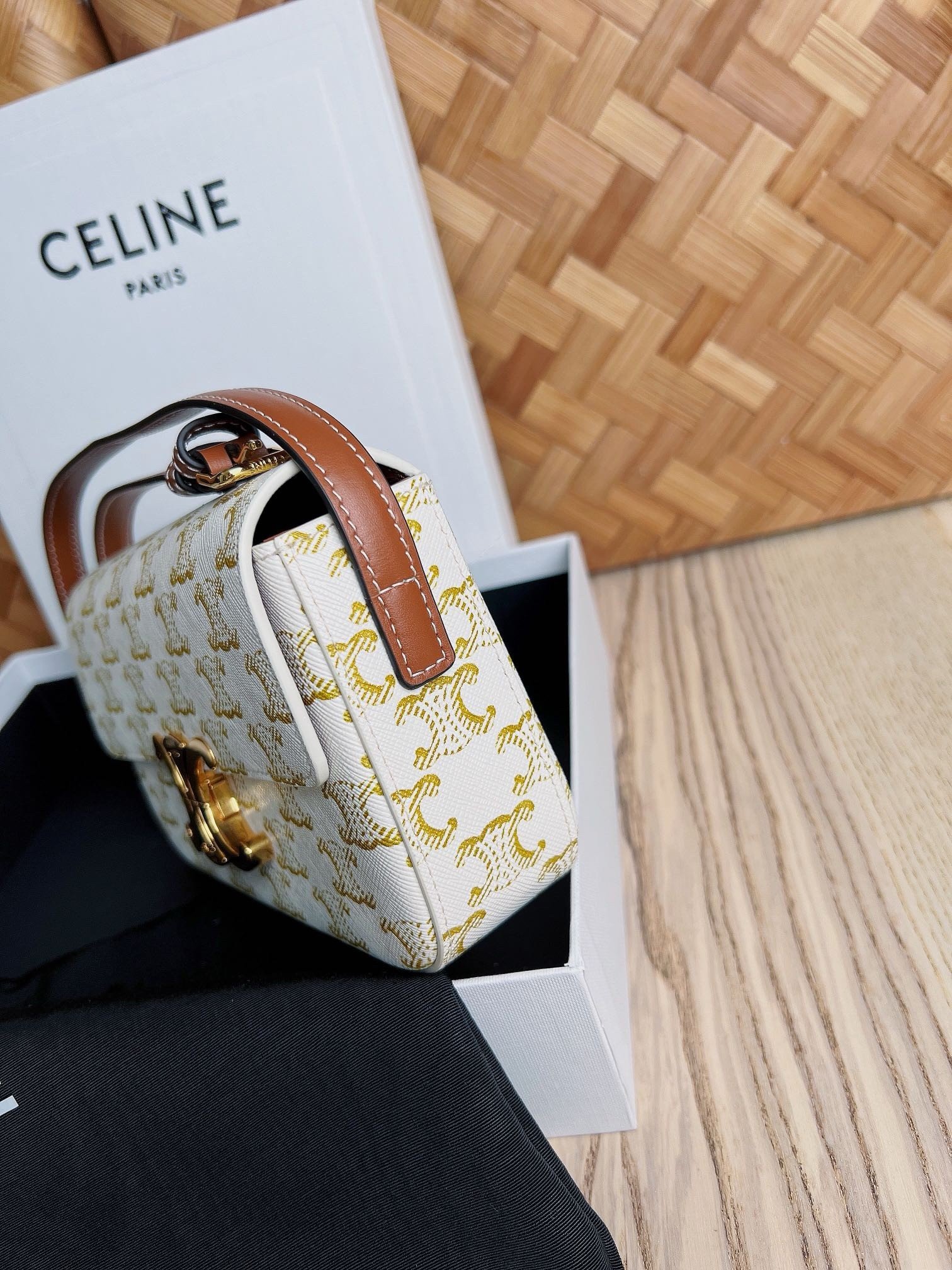 Celine Claude Shoulder Bag in White Triomphe Canvas