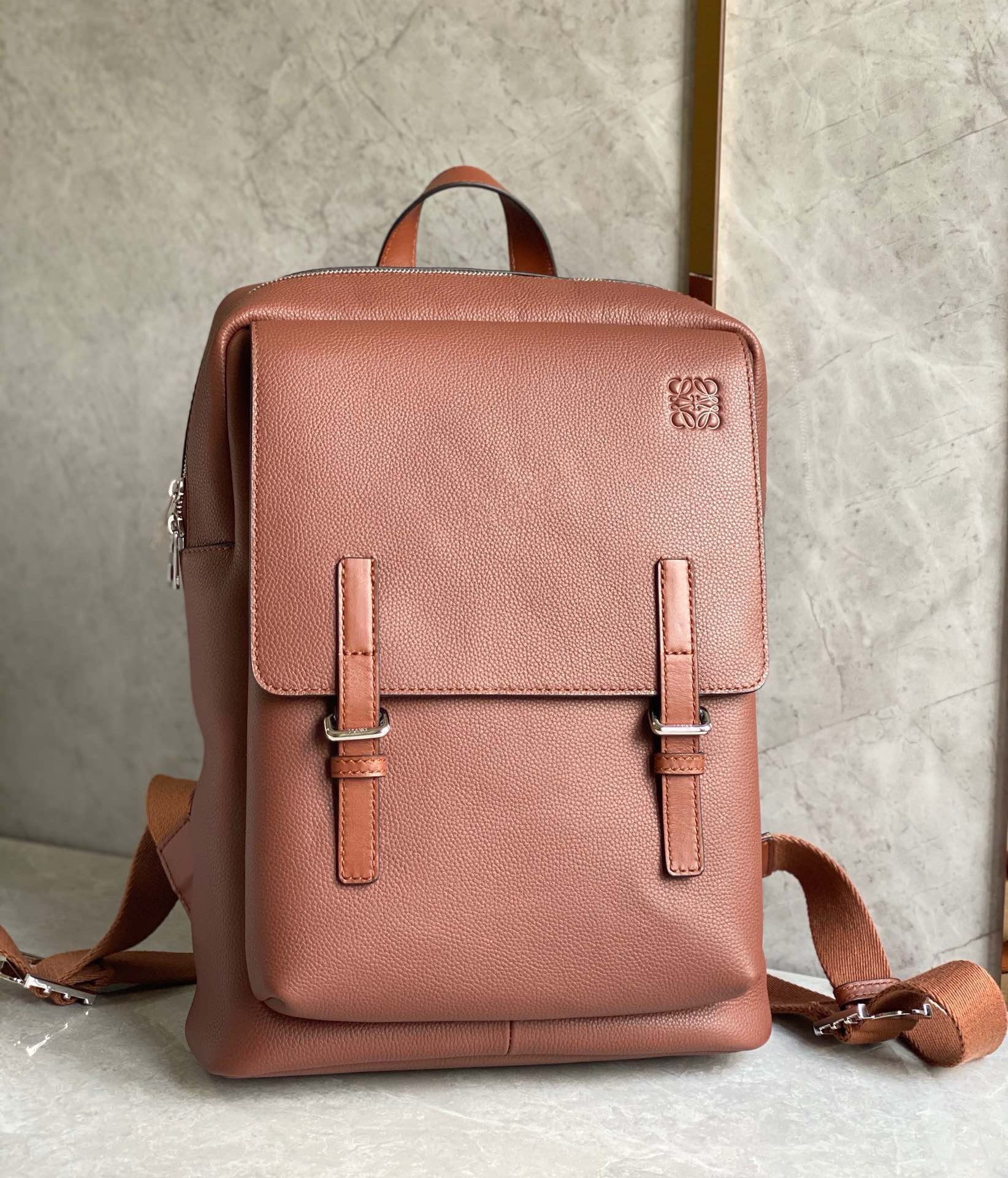 Loewe Military Backpack in Brown Grained Leather