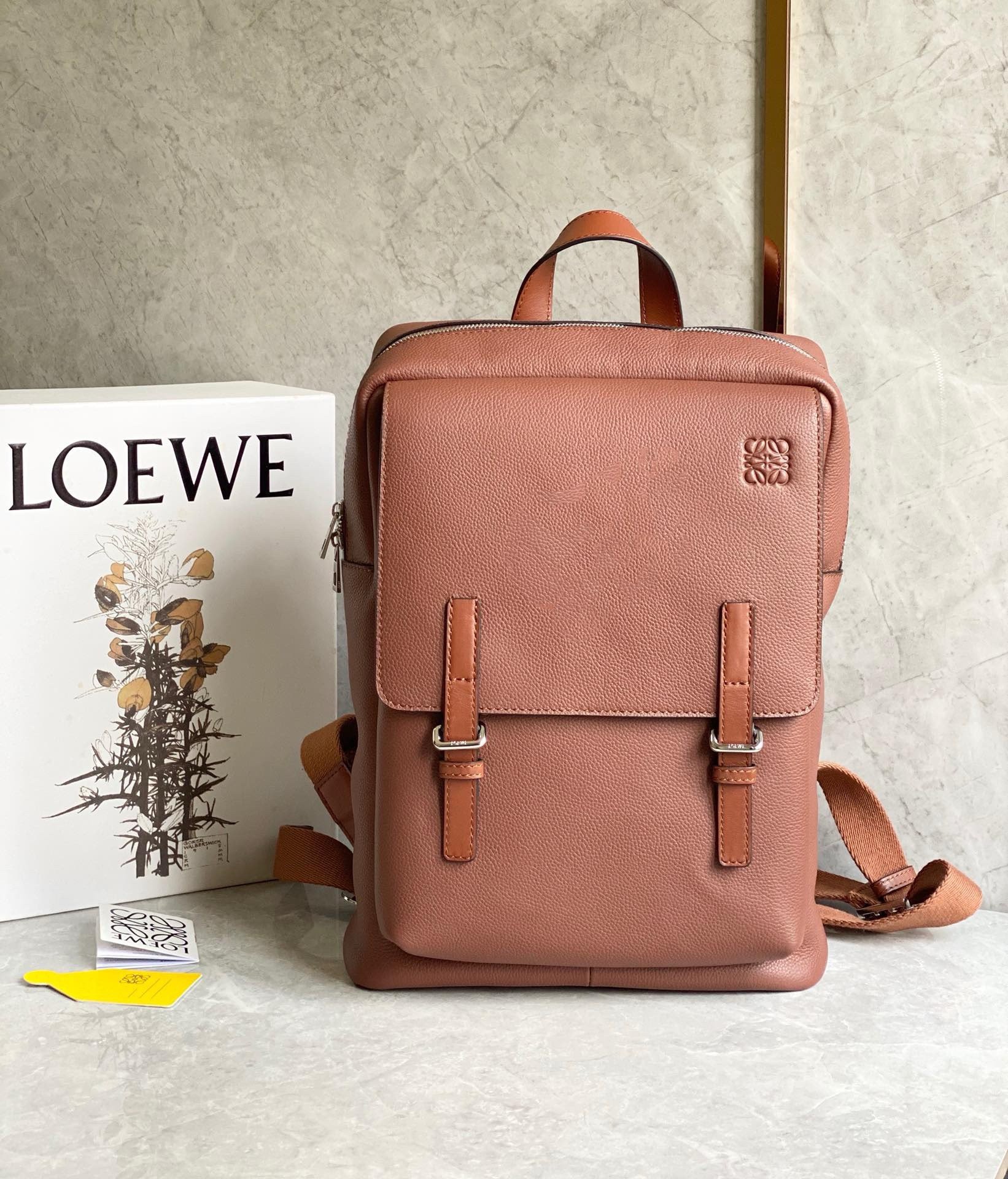 Loewe Military Backpack in Brown Grained Leather