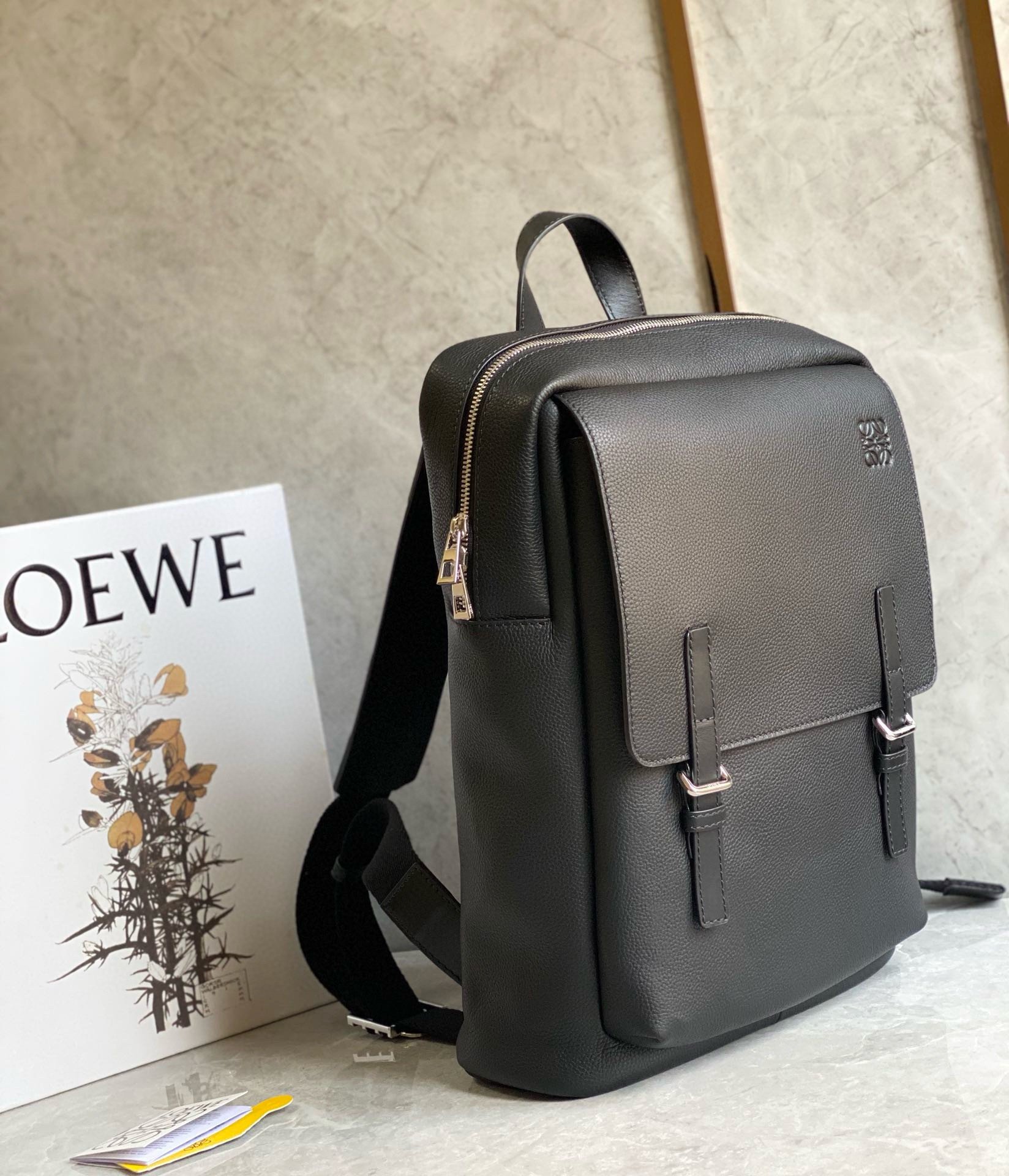 Loewe Military Backpack in Black Grained Leather