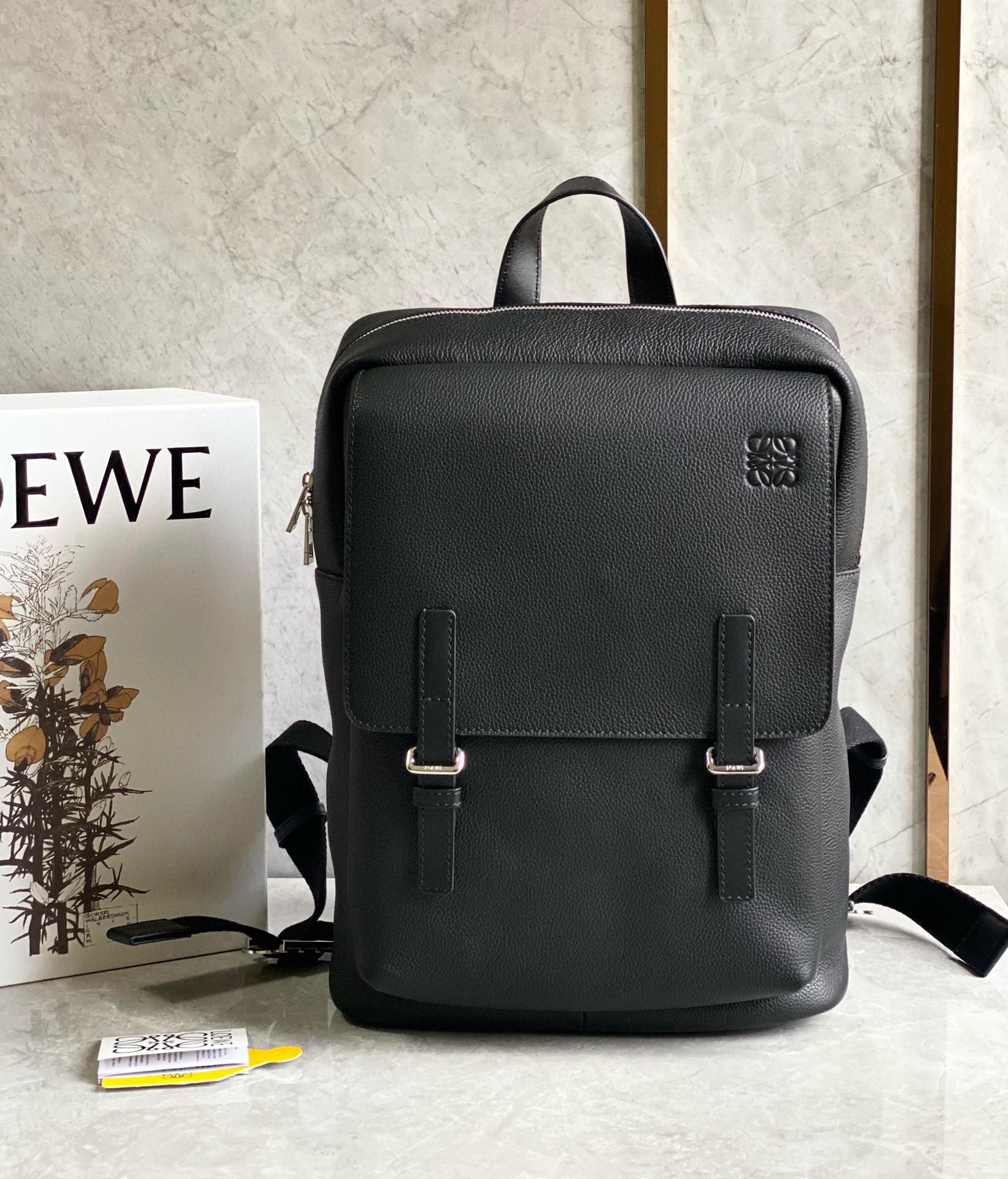 Loewe Military Backpack in Black Grained Leather