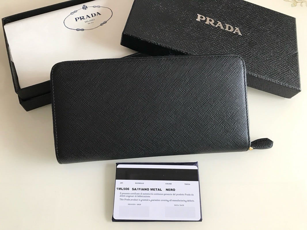 Prada Zip Around Wallet in Black Saffiano Leather