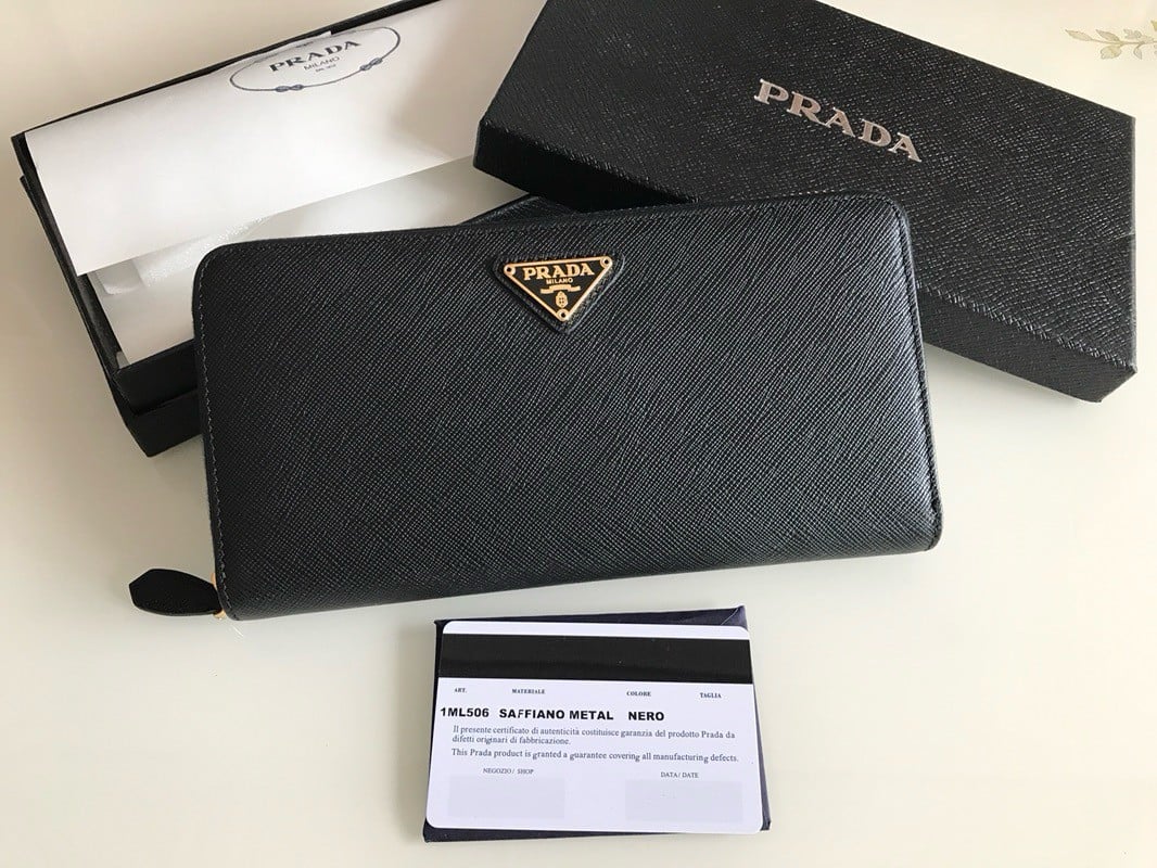 Prada Zip Around Wallet in Black Saffiano Leather