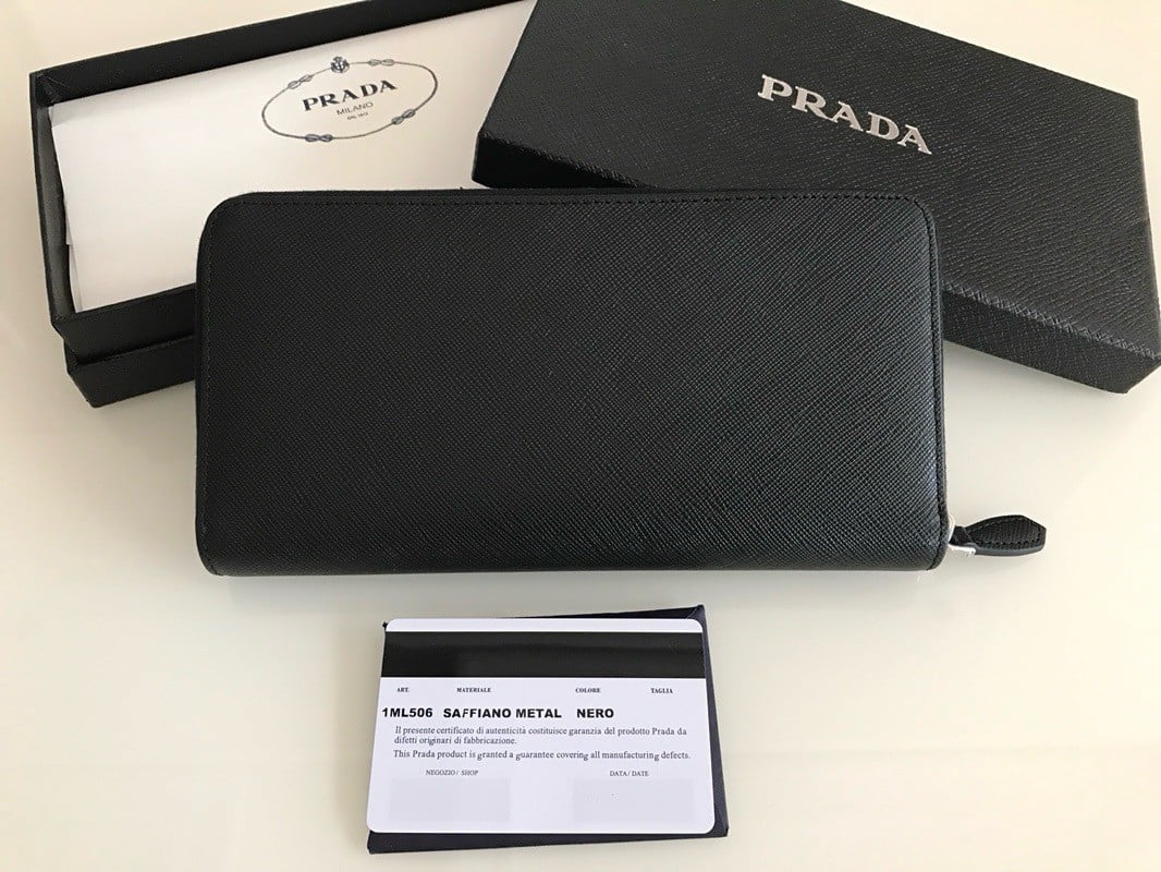 Prada Zip Around Wallet in Noir Saffiano Leather