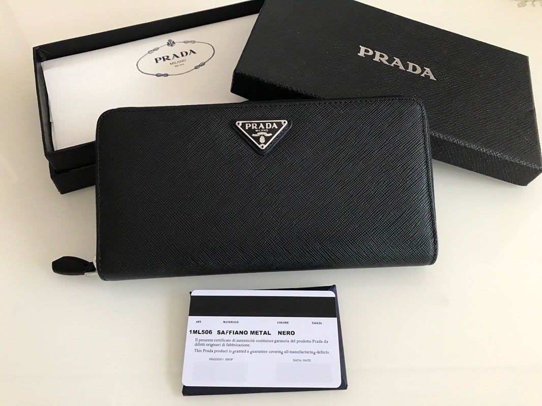 Prada Zip Around Wallet in Noir Saffiano Leather