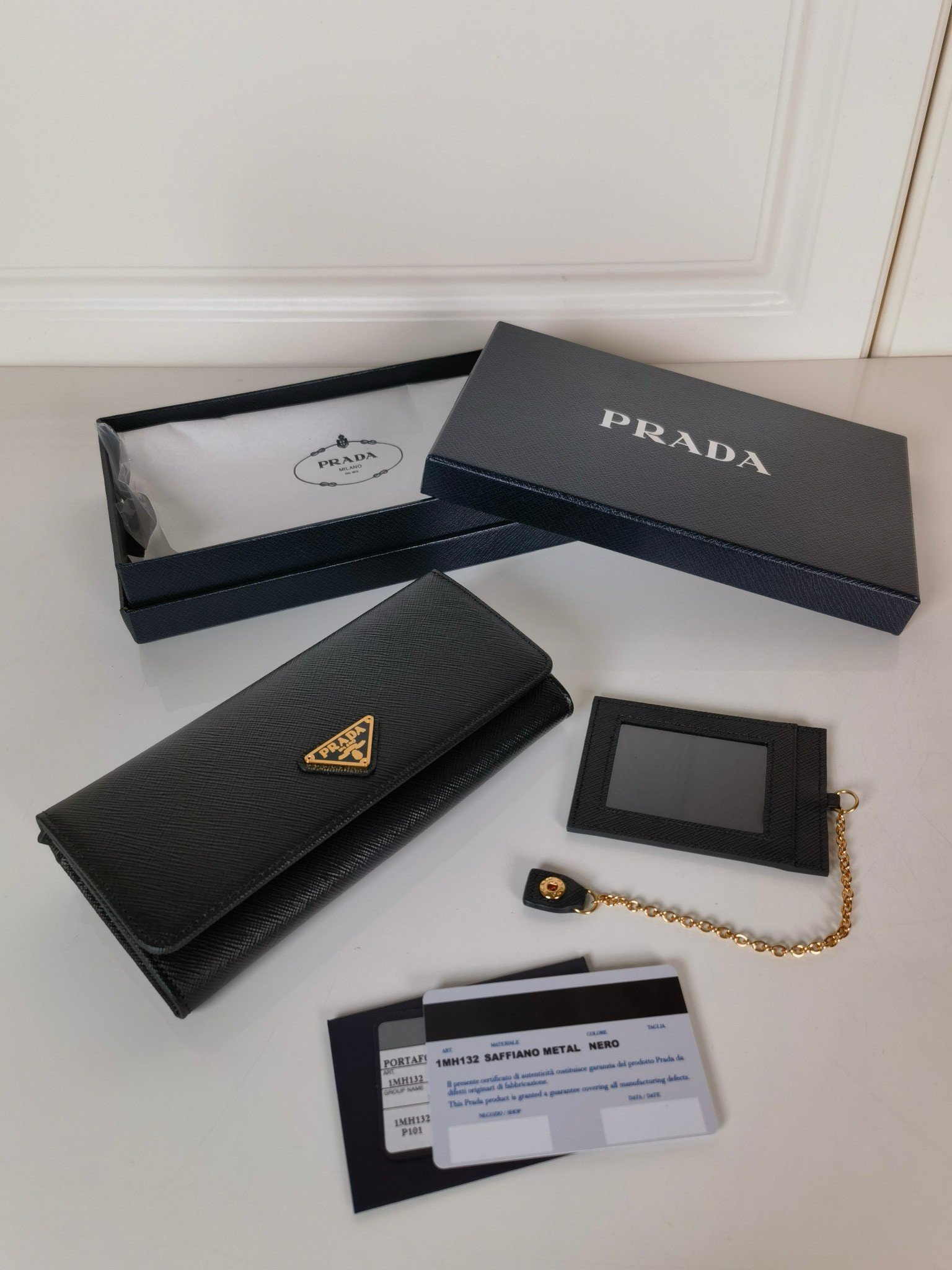 Prada Flap Continental Wallet in Black Saffiano Leather