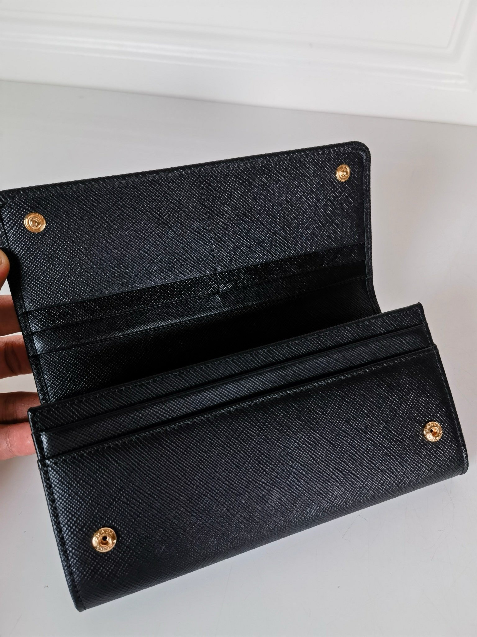 Prada Flap Continental Wallet in Black Saffiano Leather