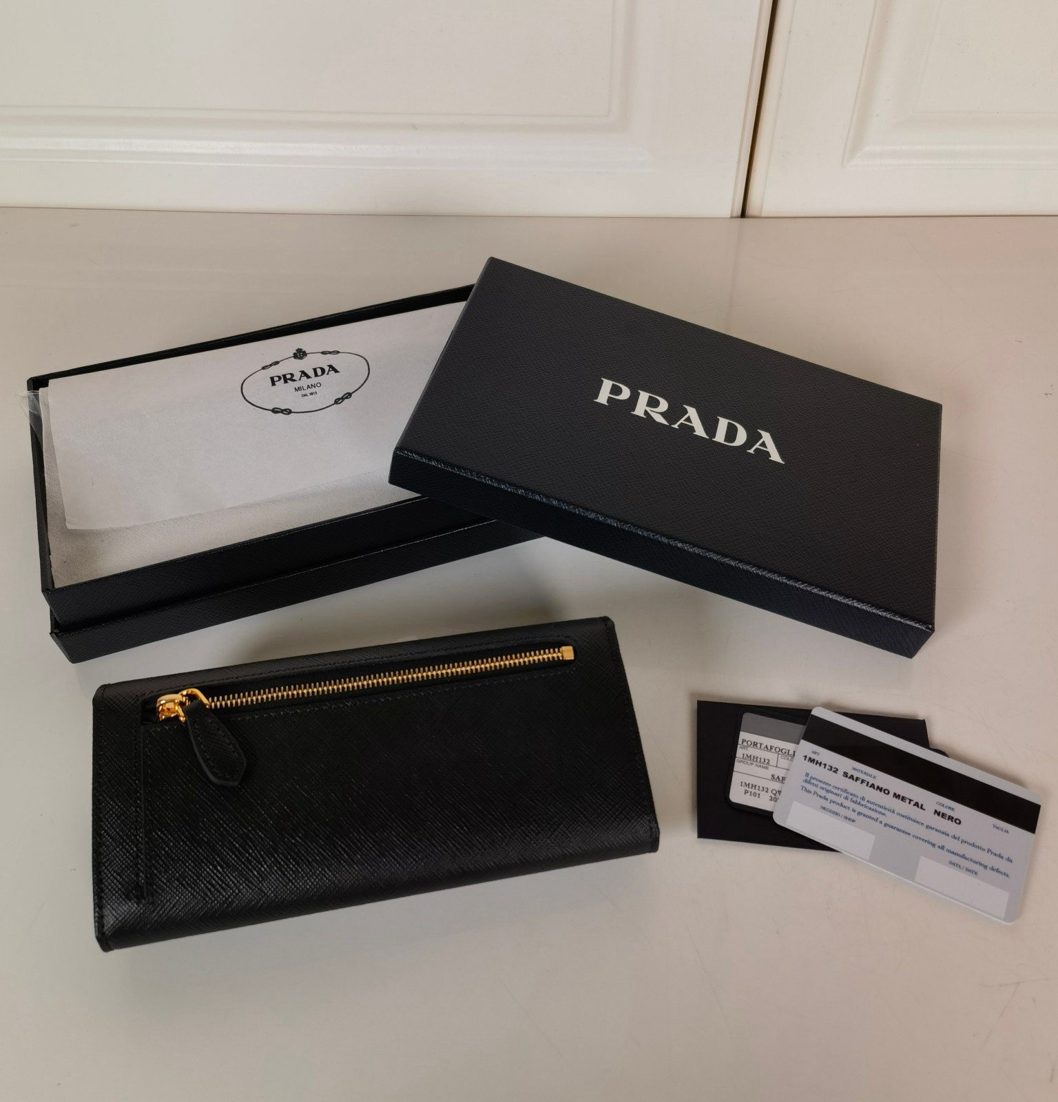 Prada Flap Continental Wallet in Black Saffiano Leather