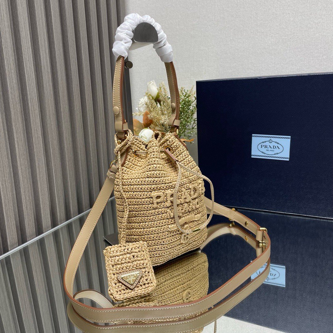 Prada Crochet Mini Bucket Bag in Natural Raffia-effect Yarn