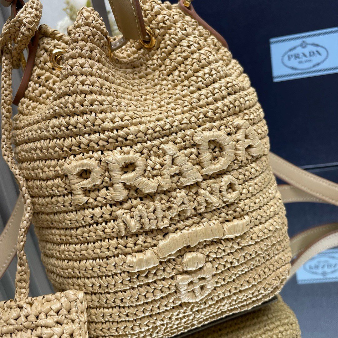 Prada Crochet Mini Bucket Bag in Natural Raffia-effect Yarn