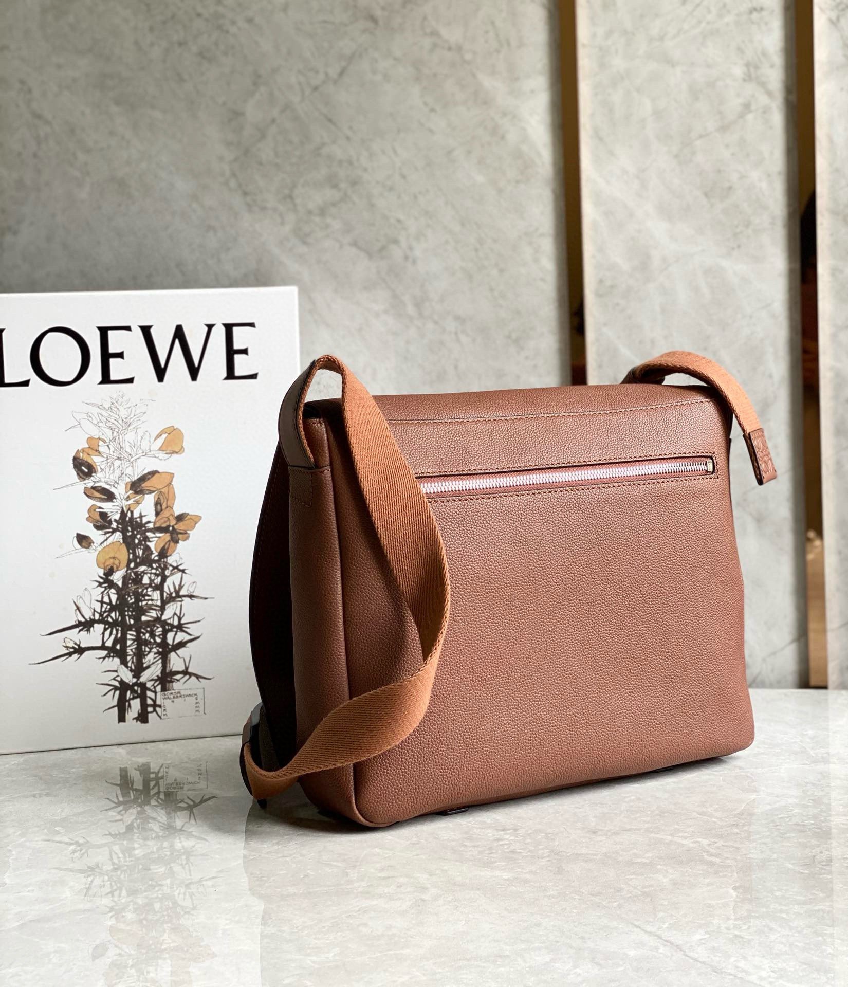 Loewe Military Messenger Bag in Brown Grained Calfskin